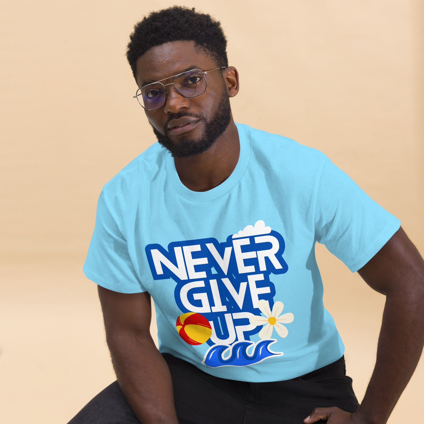 Unisex motivational t-shirt with 'Never Give Up' graphic by Hipyfi Clothes & Design – inspirational summer streetwear tee. sky-front