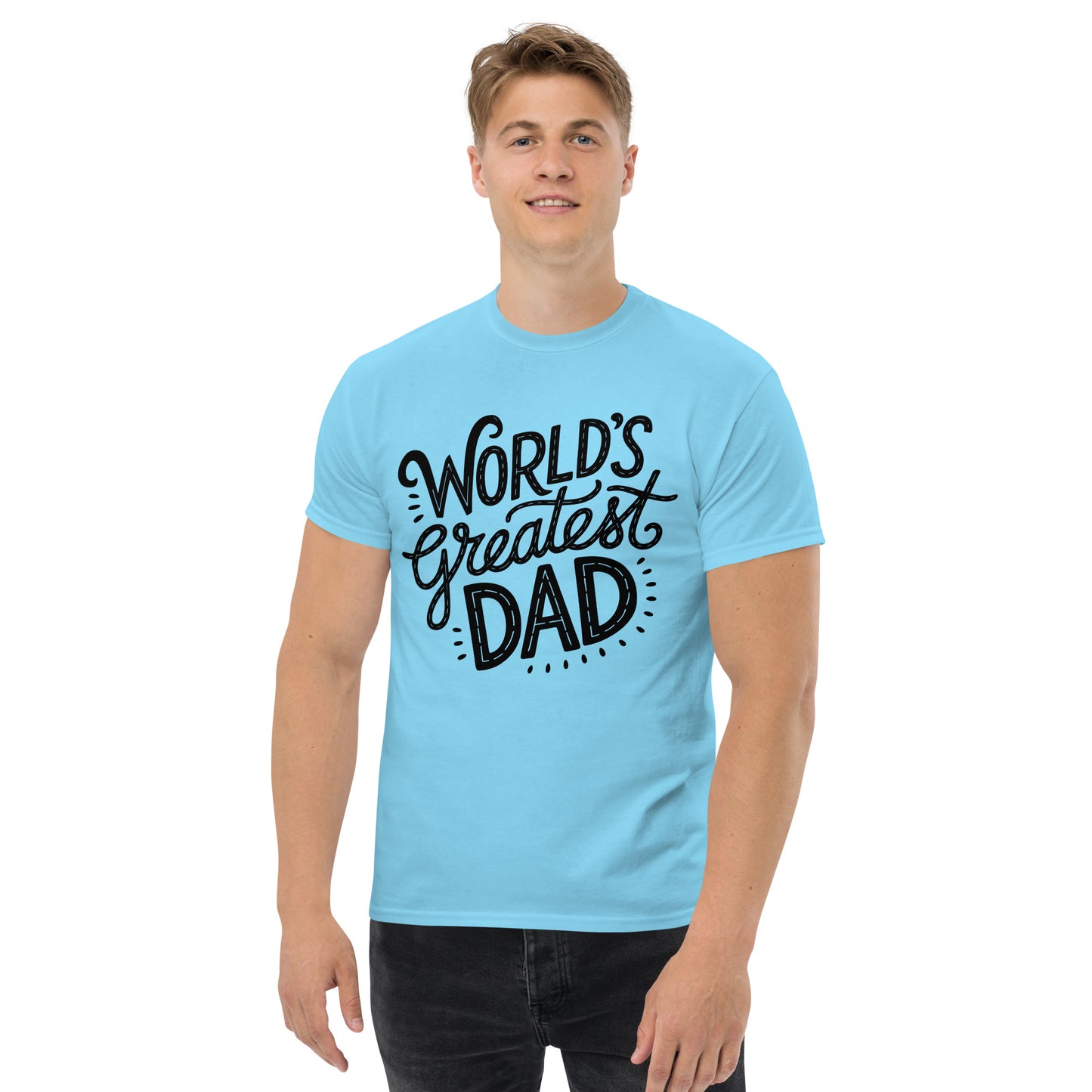 World’s Greatest Dad T-Shirt – Unisex black and white graphic tee with bold typography, perfect Father’s Day gift by Hipyfi Clothes & Design. sky-front-3