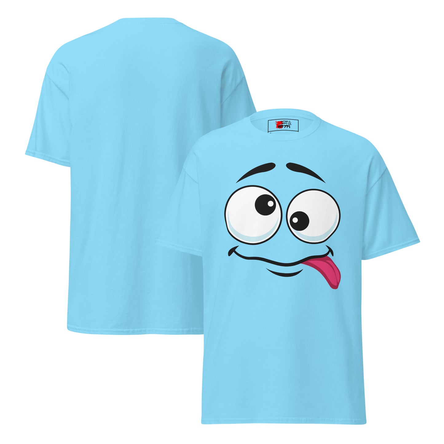 Hipyfi Playful Whimsical Cartoon Face Unisex T-Shirt – Fun Graphic Tee for Streetwear. sky-front-and-back