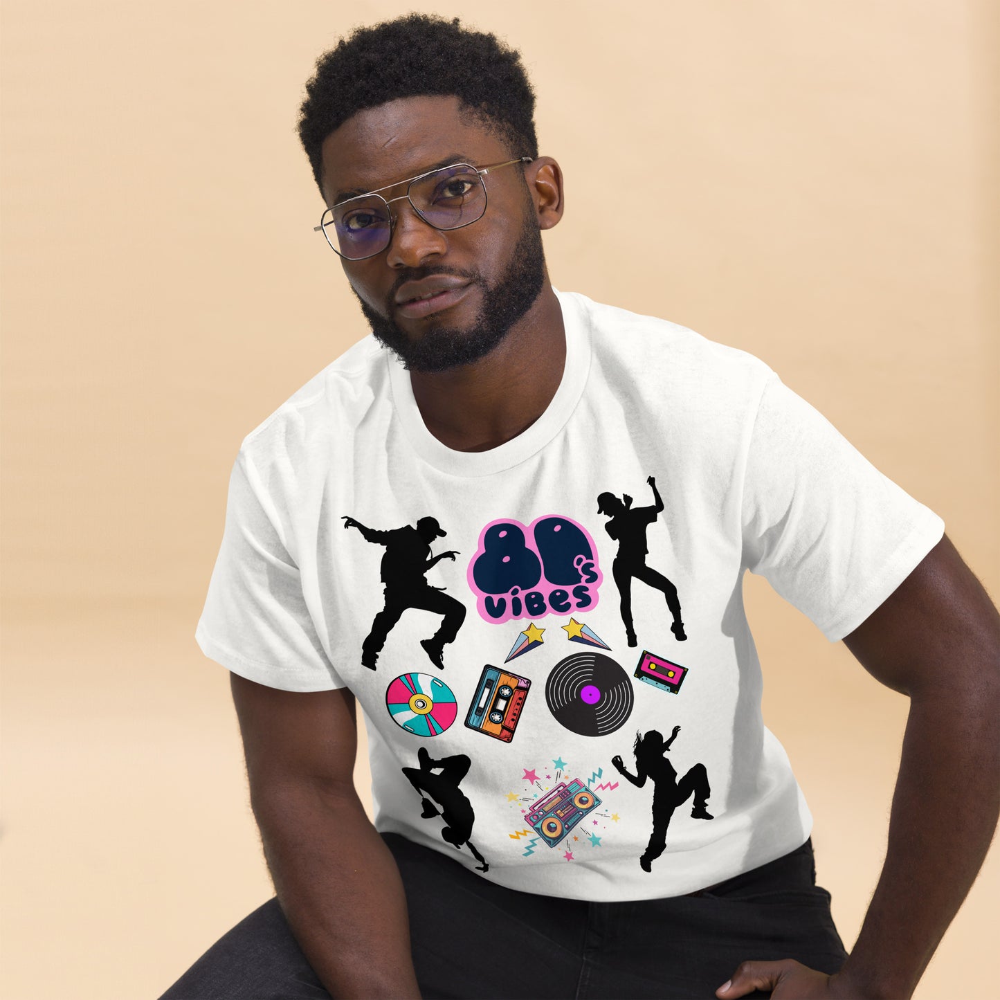 Unisex 80s Vibes graphic t-shirt with retro pop culture design by Hipyfi Clothes & Design white-front-2