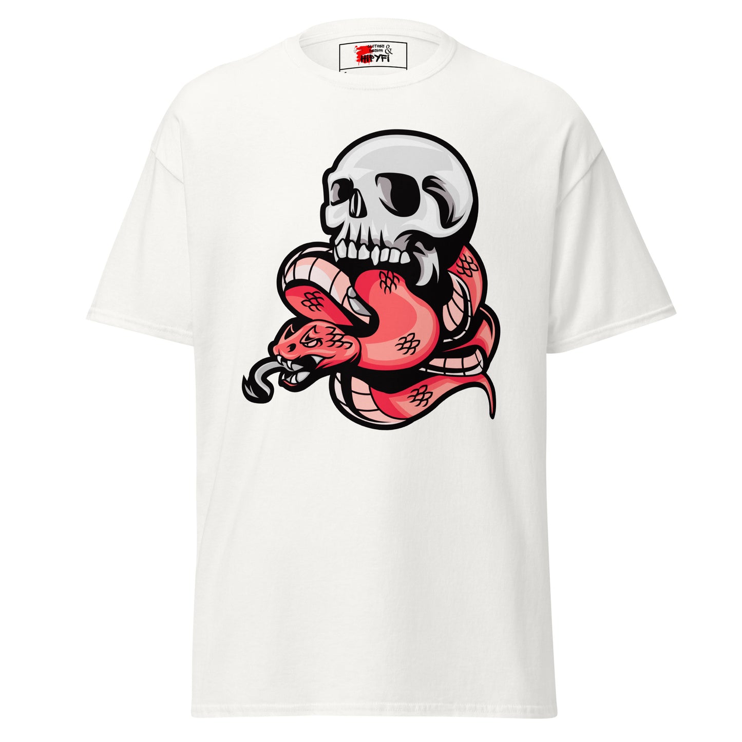Hipyfi Bold Skull & Snake Unisex T-shirt with tattoo-inspired skull and serpent graphic, perfect for streetwear and punk rock style. white-front-3