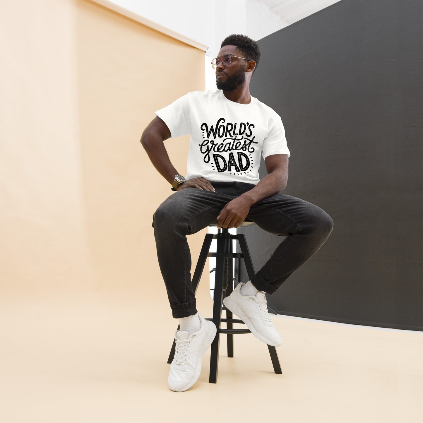 World’s Greatest Dad T-Shirt – Unisex black and white graphic tee with bold typography, perfect Father’s Day gift by Hipyfi Clothes & Design. white-front-2