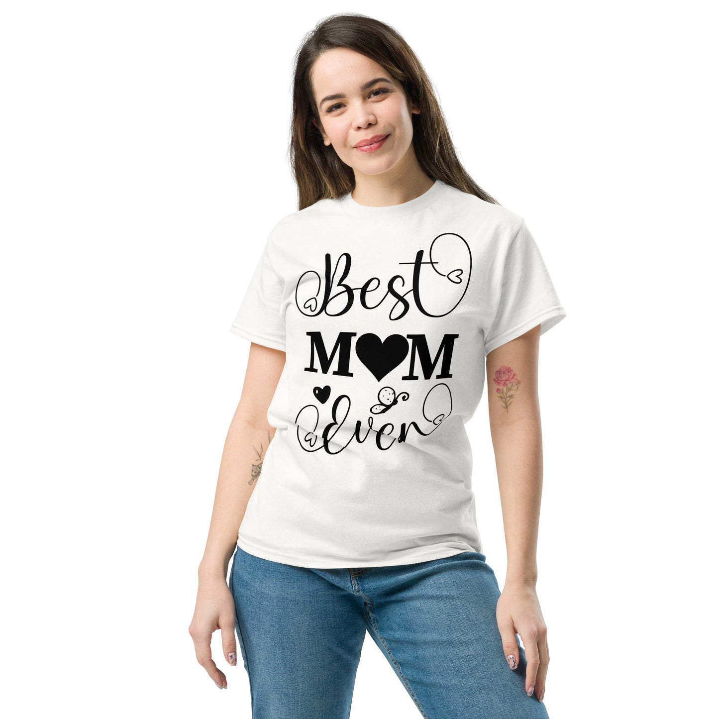 Best Mom Ever unisex graphic t-shirt in classic fit by Hipyfi Clothes & Design – perfect Mother’s Day gift in white with heart and butterfly typography. white-front-2