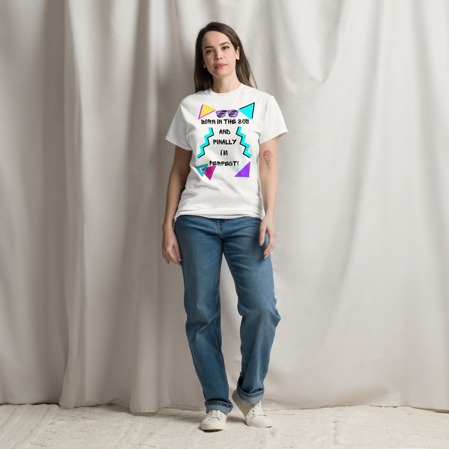 Born in the 80s retro graphic tee with neon 80s design – unisex vintage t-shirt by Hipyfi Clothes & Design. white-front-3
