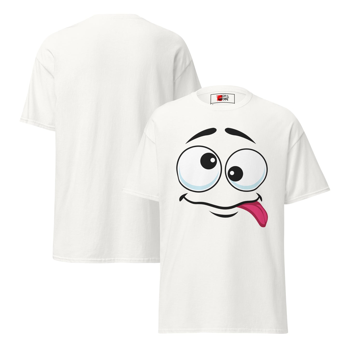 Hipyfi Playful Whimsical Cartoon Face Unisex T-Shirt – Fun Graphic Tee for Streetwear. white-front-and-back