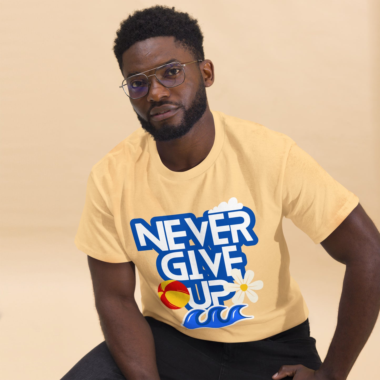 Unisex motivational t-shirt with 'Never Give Up' graphic by Hipyfi Clothes & Design – inspirational summer streetwear tee. yellow-haze-front