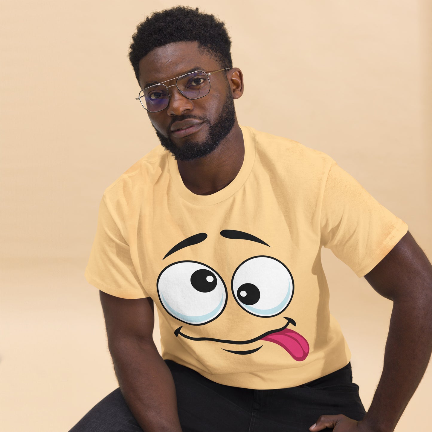 Hipyfi Playful Whimsical Cartoon Face Unisex T-Shirt – Fun Graphic Tee for Streetwear. yellow-haze-front-2