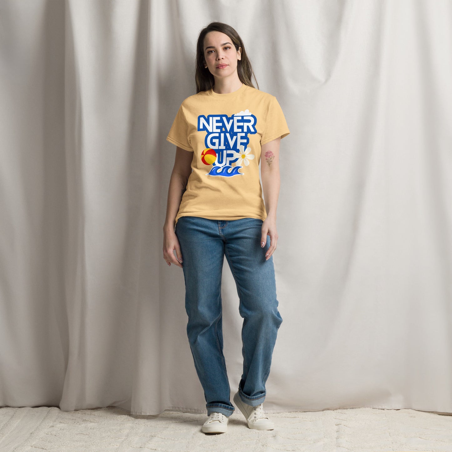 Unisex motivational t-shirt with 'Never Give Up' graphic by Hipyfi Clothes & Design – inspirational summer streetwear tee. yellow-haze-front-2