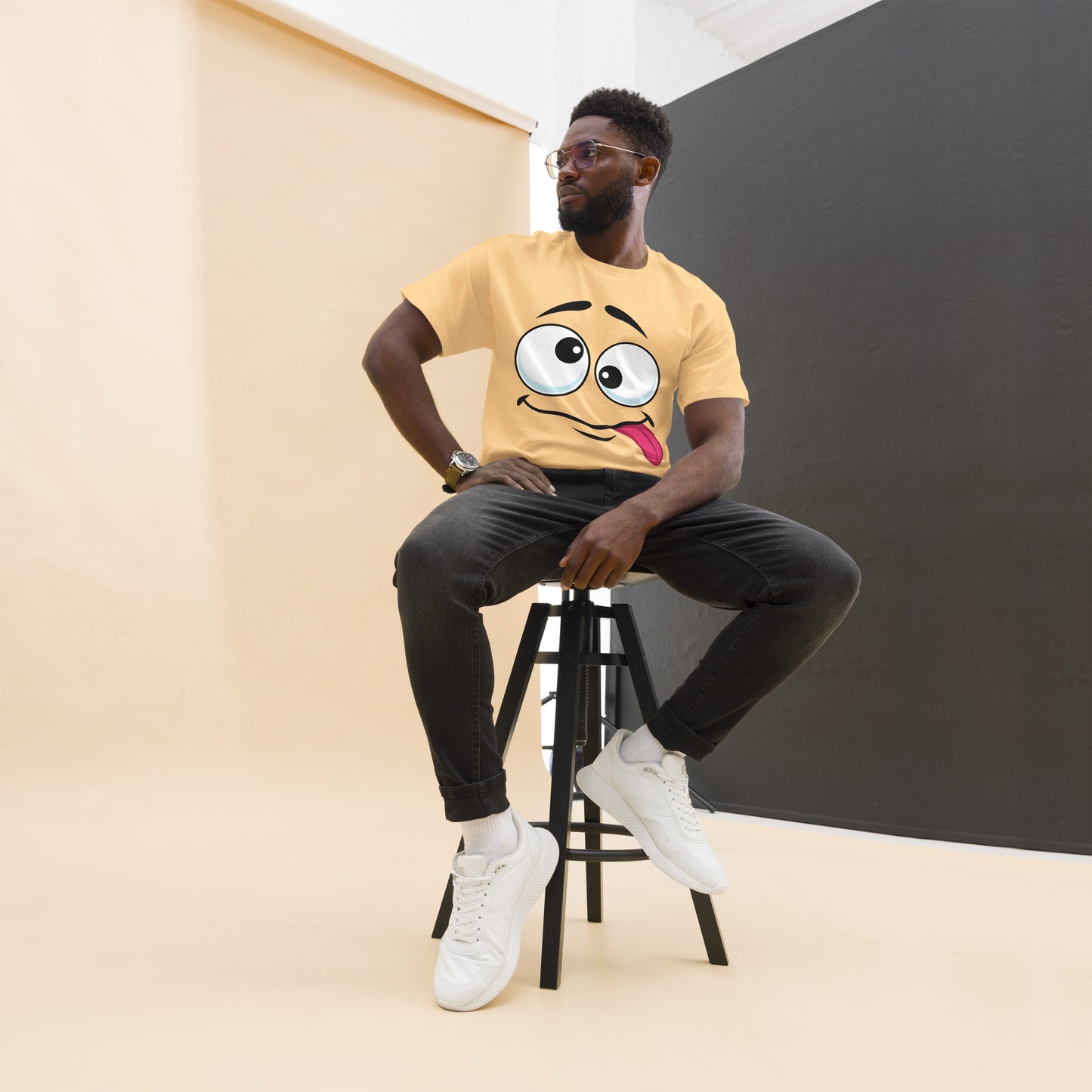 Hipyfi Playful Whimsical Cartoon Face Unisex T-Shirt – Fun Graphic Tee for Streetwear. yellow-haze-front