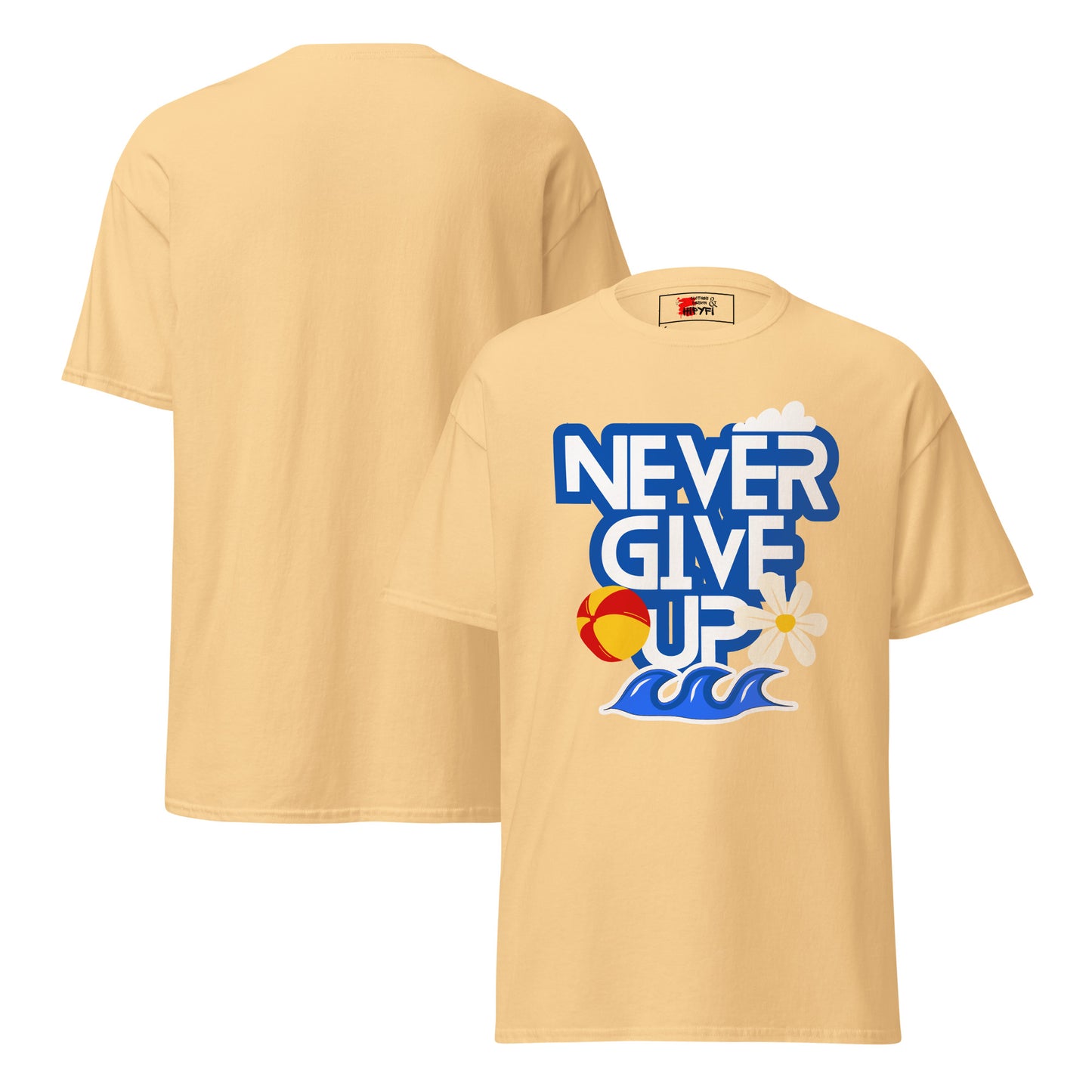 Unisex motivational t-shirt with 'Never Give Up' graphic by Hipyfi Clothes & Design – inspirational summer streetwear tee. yellow-haze-front-3