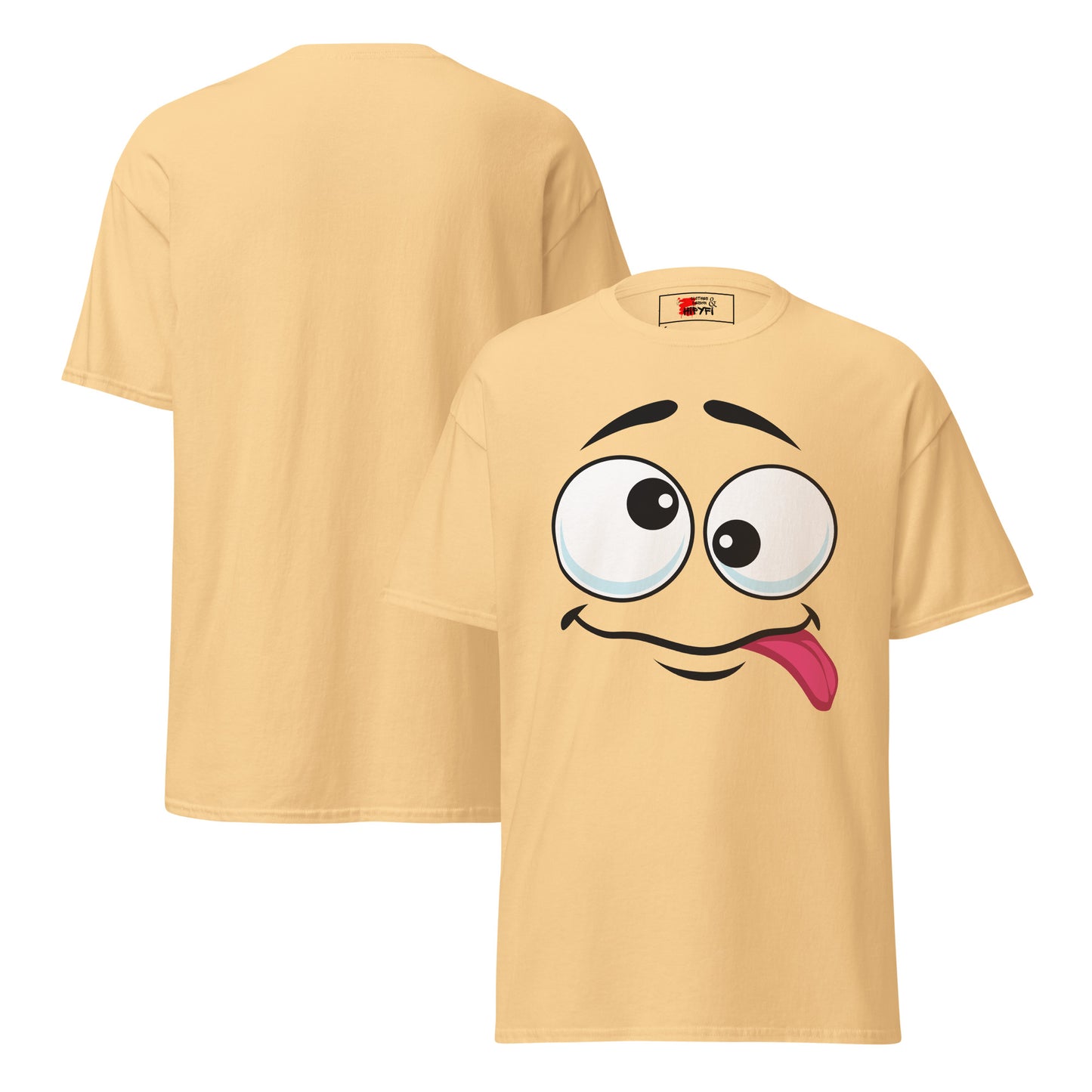 Hipyfi Playful Whimsical Cartoon Face Unisex T-Shirt – Fun Graphic Tee for Streetwear. yellow-haze-front-and-back