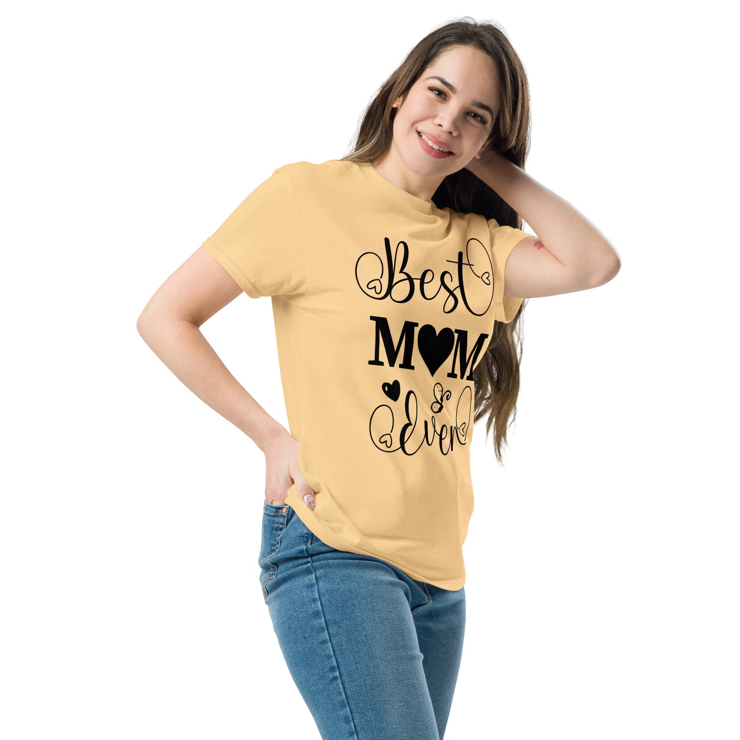 Best Mom Ever unisex graphic t-shirt in classic fit by Hipyfi Clothes & Design – perfect Mother’s Day gift in white with heart and butterfly typography. yellow-haze-left-front