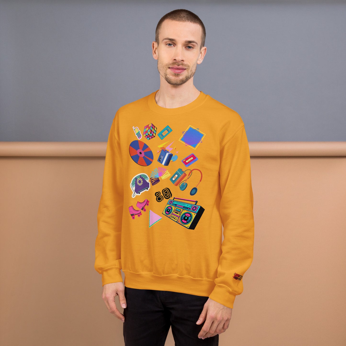 Unisex retro 80s pop culture crewneck sweatshirt with colorful graphic icons – Hipyfi Clothes & Design. gold-front