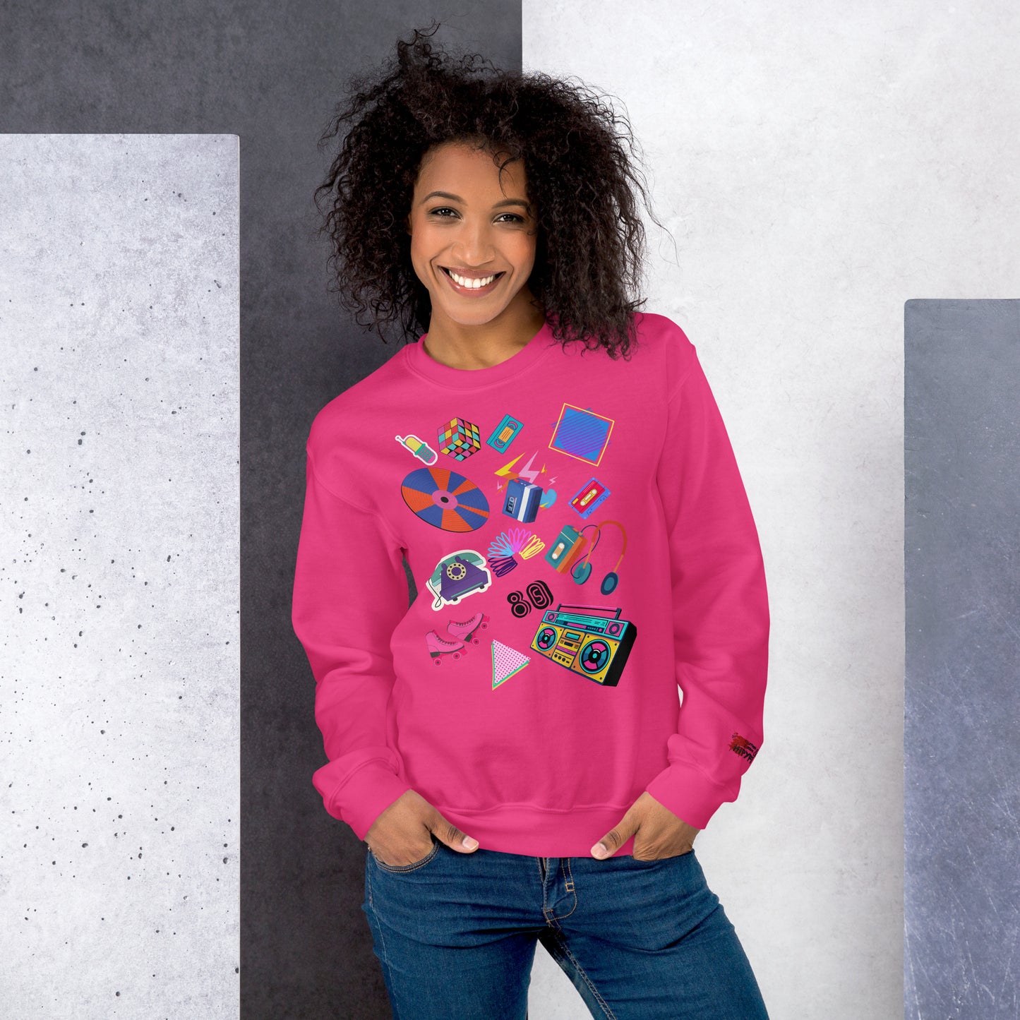 Unisex retro 80s pop culture crewneck sweatshirt with colorful graphic icons – Hipyfi Clothes & Design. heliconia-front-3