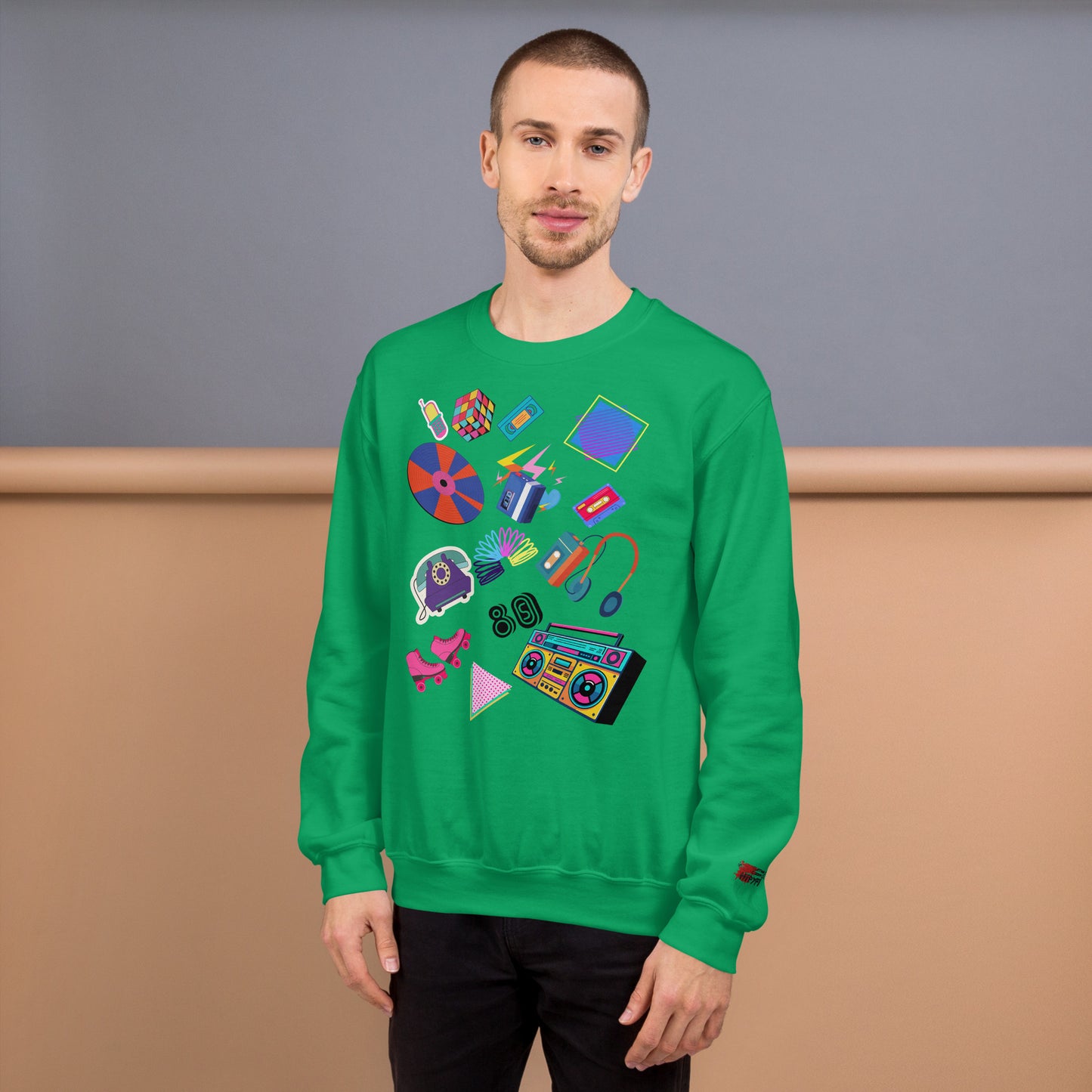 Unisex retro 80s pop culture crewneck sweatshirt with colorful graphic icons – Hipyfi Clothes & Design. irish-green-front