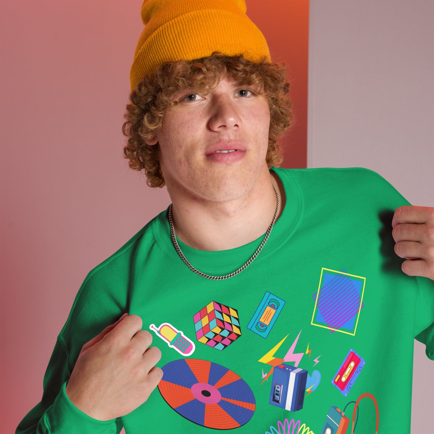 Unisex retro 80s pop culture crewneck sweatshirt with colorful graphic icons – Hipyfi Clothes & Design. irish-green-right-front
