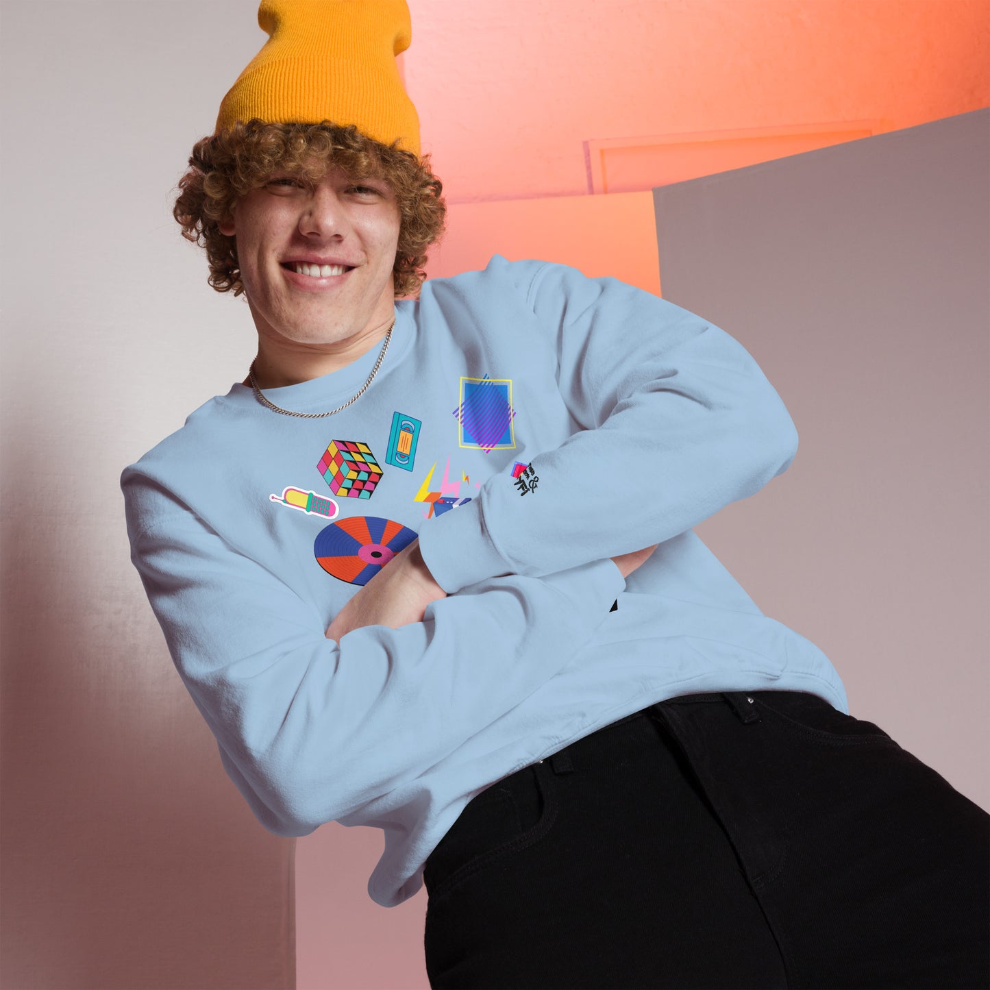 Unisex retro 80s pop culture crewneck sweatshirt with colorful graphic icons – Hipyfi Clothes & Design. light-blue-front-2