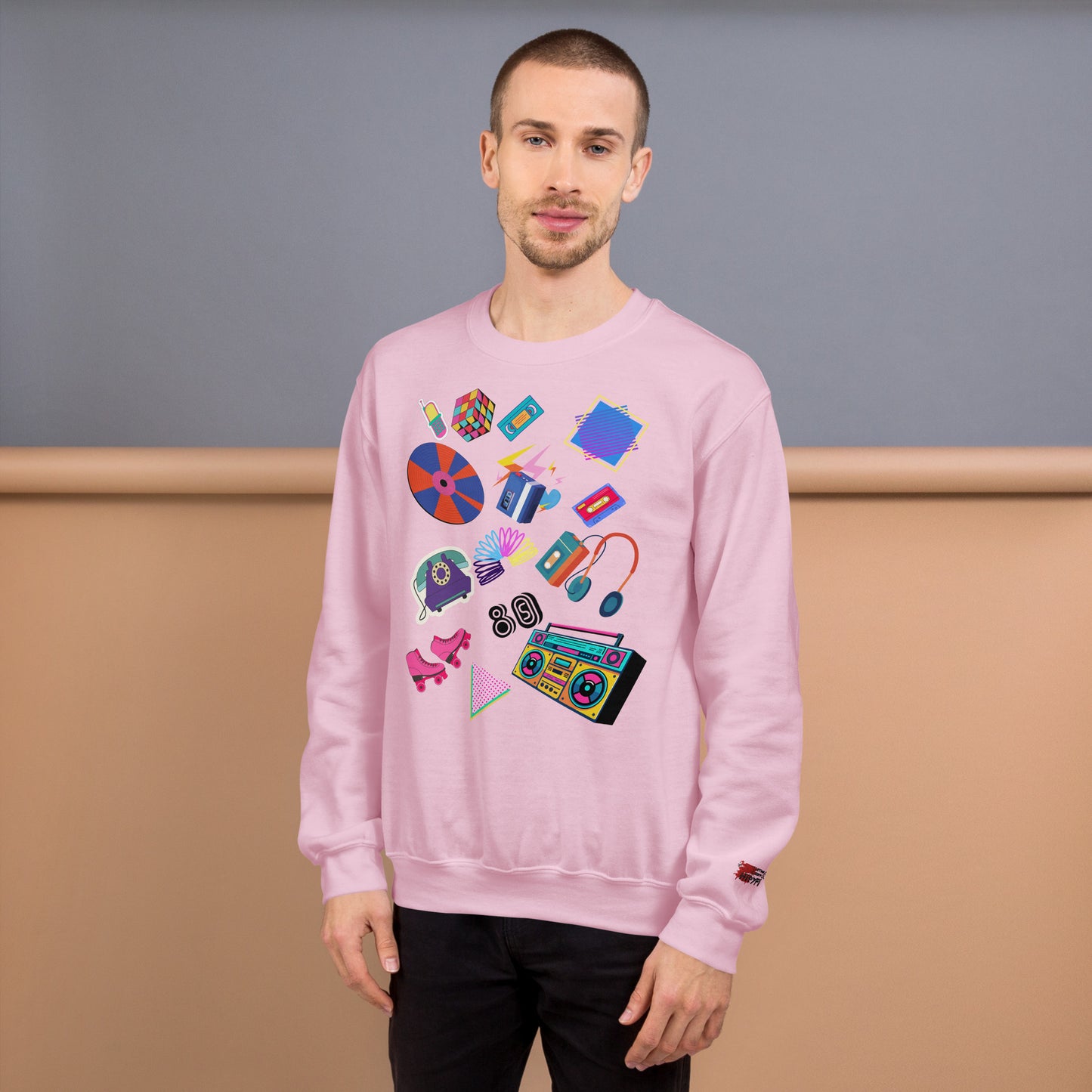 Unisex retro 80s pop culture crewneck sweatshirt with colorful graphic icons – Hipyfi Clothes & Design. light-pink-front