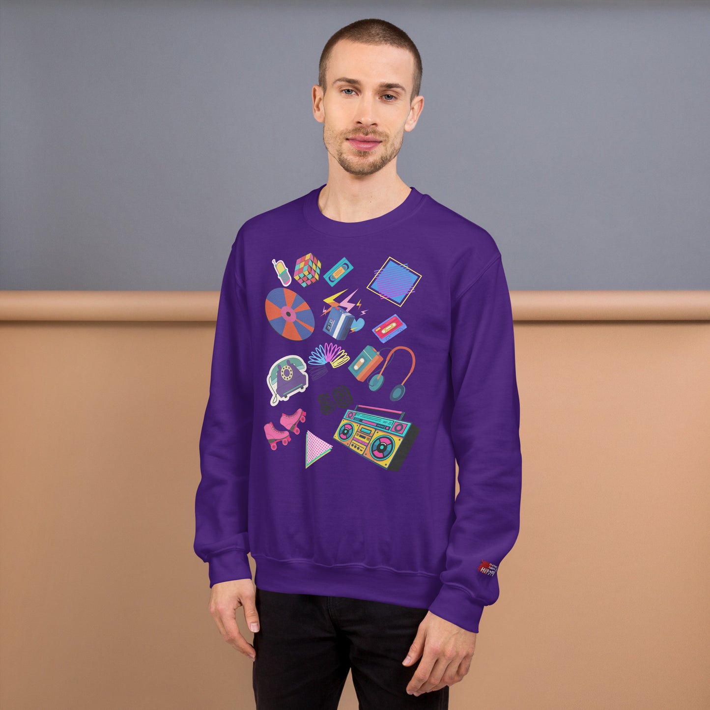 Unisex retro 80s pop culture crewneck sweatshirt with colorful graphic icons – Hipyfi Clothes & Design. purple-front