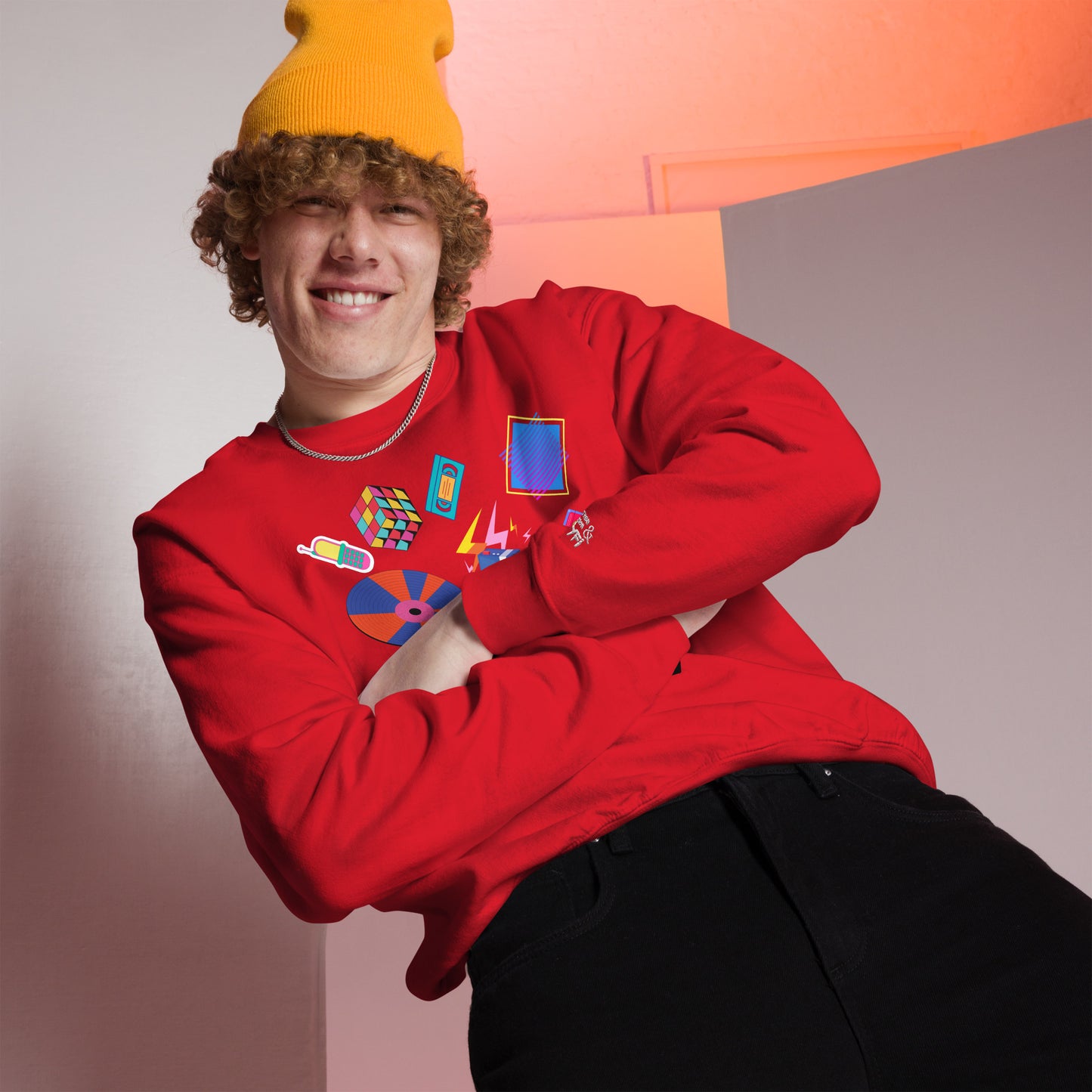 Unisex retro 80s pop culture crewneck sweatshirt with colorful graphic icons – Hipyfi Clothes & Design. red-front-2