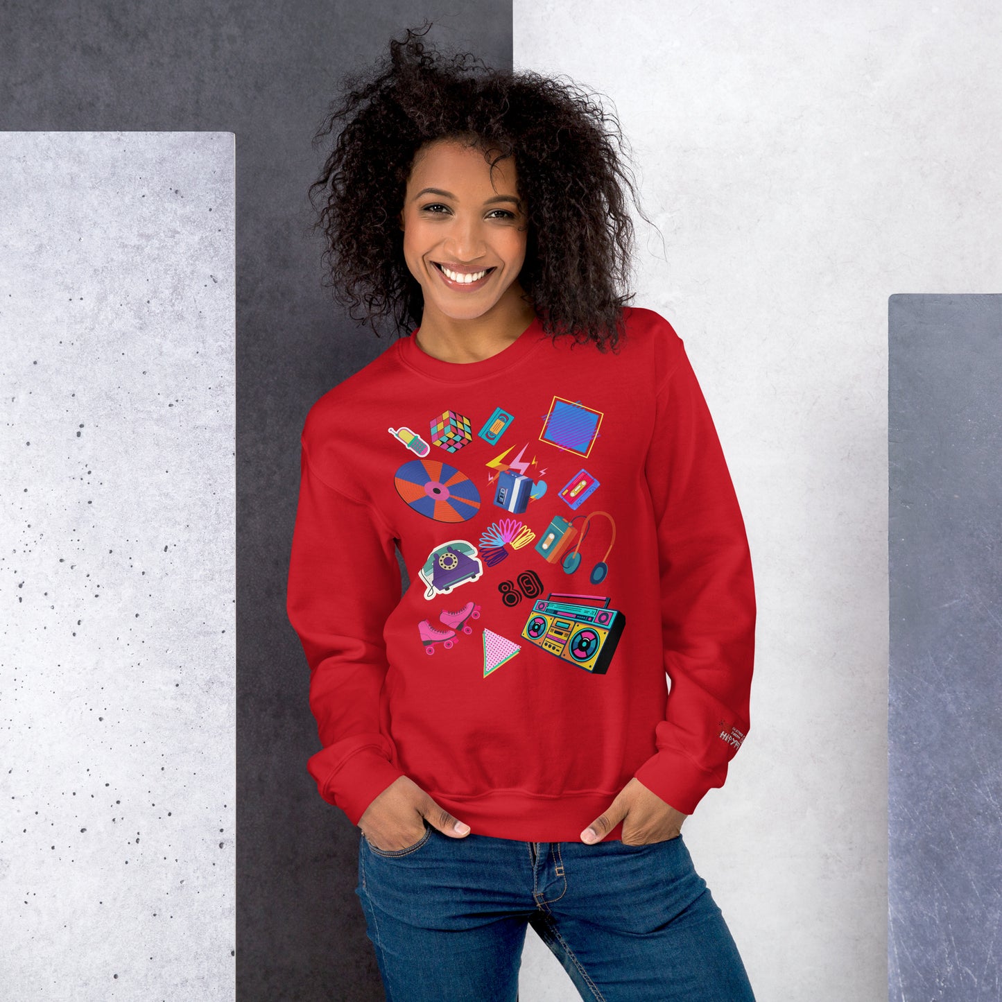 Unisex retro 80s pop culture crewneck sweatshirt with colorful graphic icons – Hipyfi Clothes & Design. red-front-3