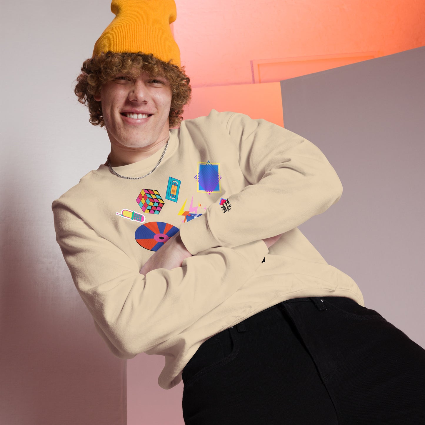 Unisex retro 80s pop culture crewneck sweatshirt with colorful graphic icons – Hipyfi Clothes & Design. sand-front-2