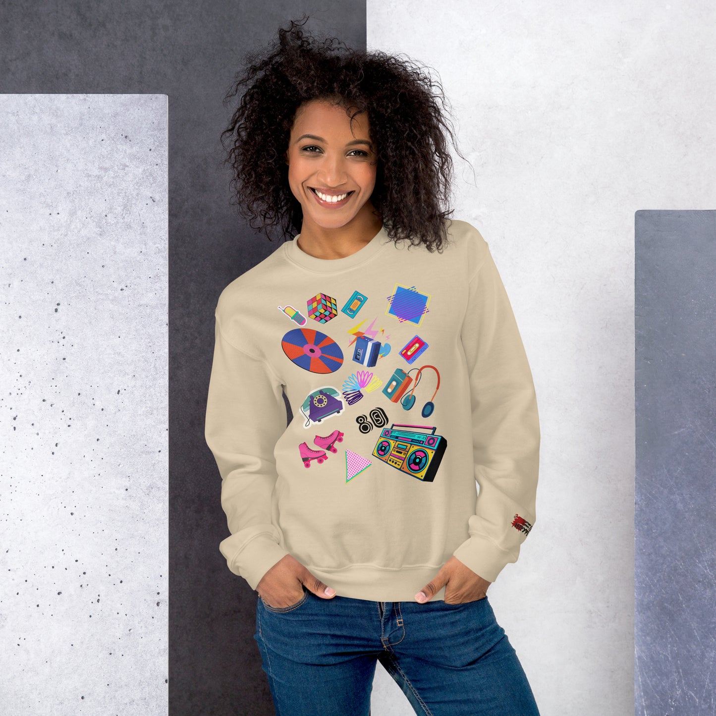 Unisex retro 80s pop culture crewneck sweatshirt with colorful graphic icons – Hipyfi Clothes & Design. sand-front-3