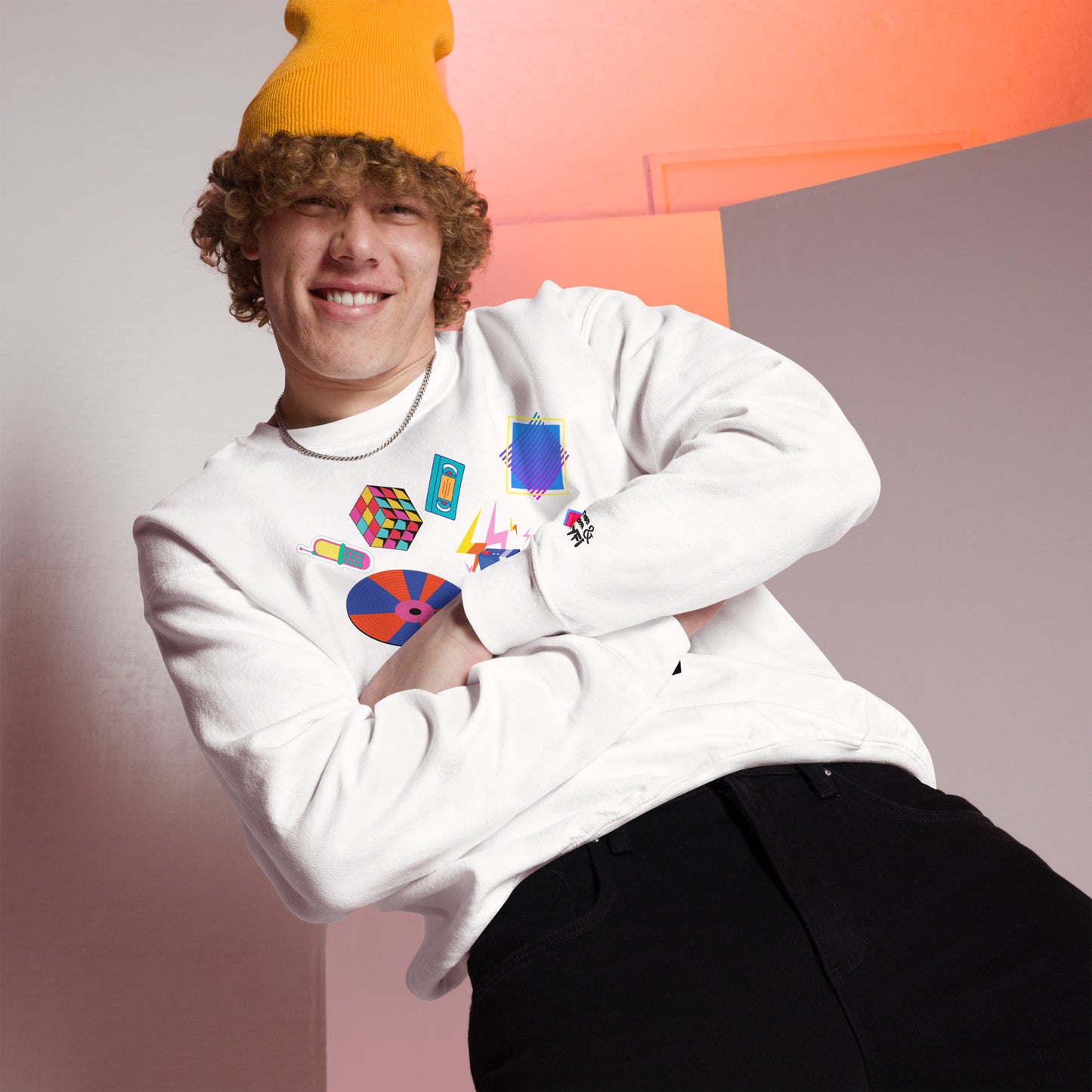 Unisex retro 80s pop culture crewneck sweatshirt with colorful graphic icons – Hipyfi Clothes & Design. white-front-2
