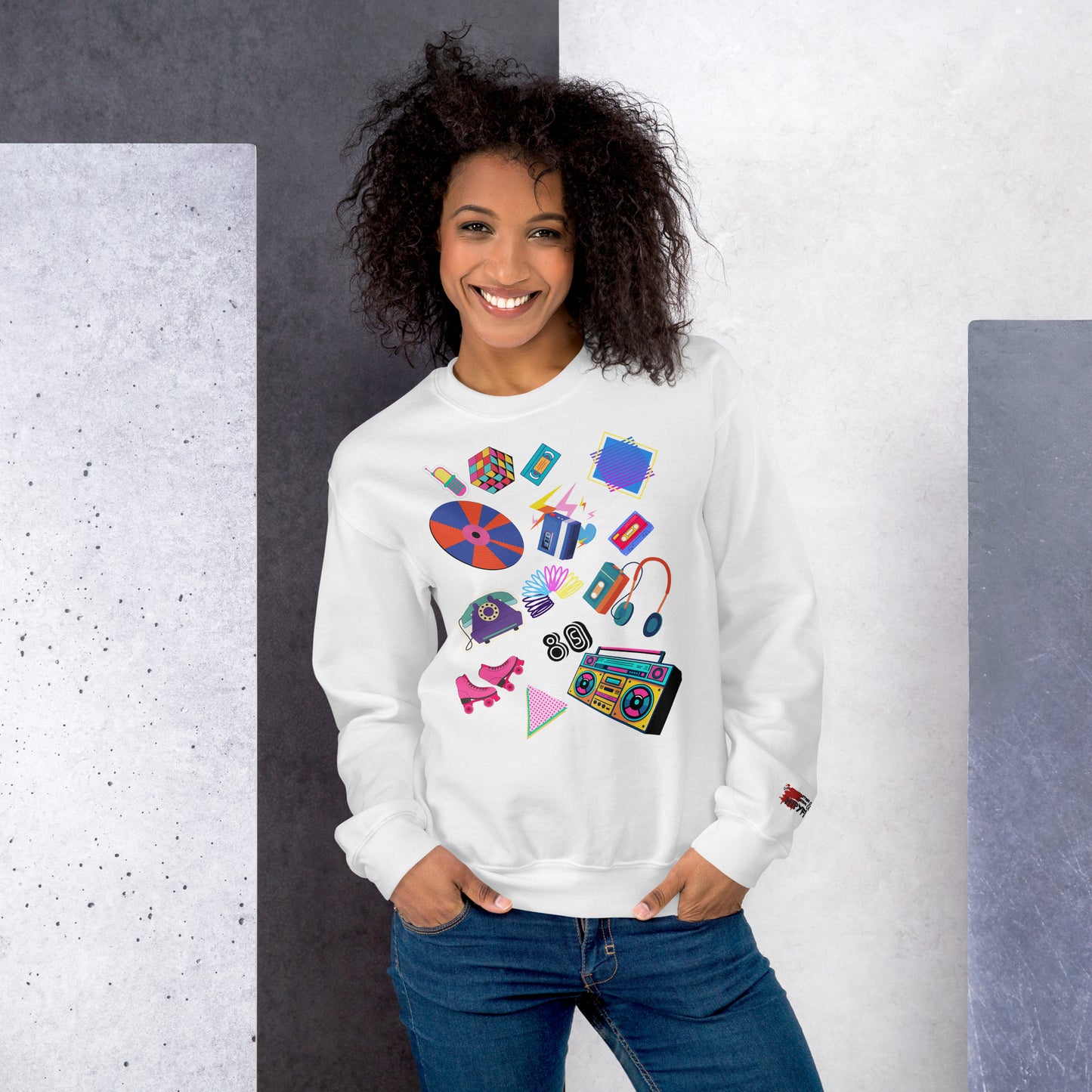 Unisex retro 80s pop culture crewneck sweatshirt with colorful graphic icons – Hipyfi Clothes & Design. white-front-3