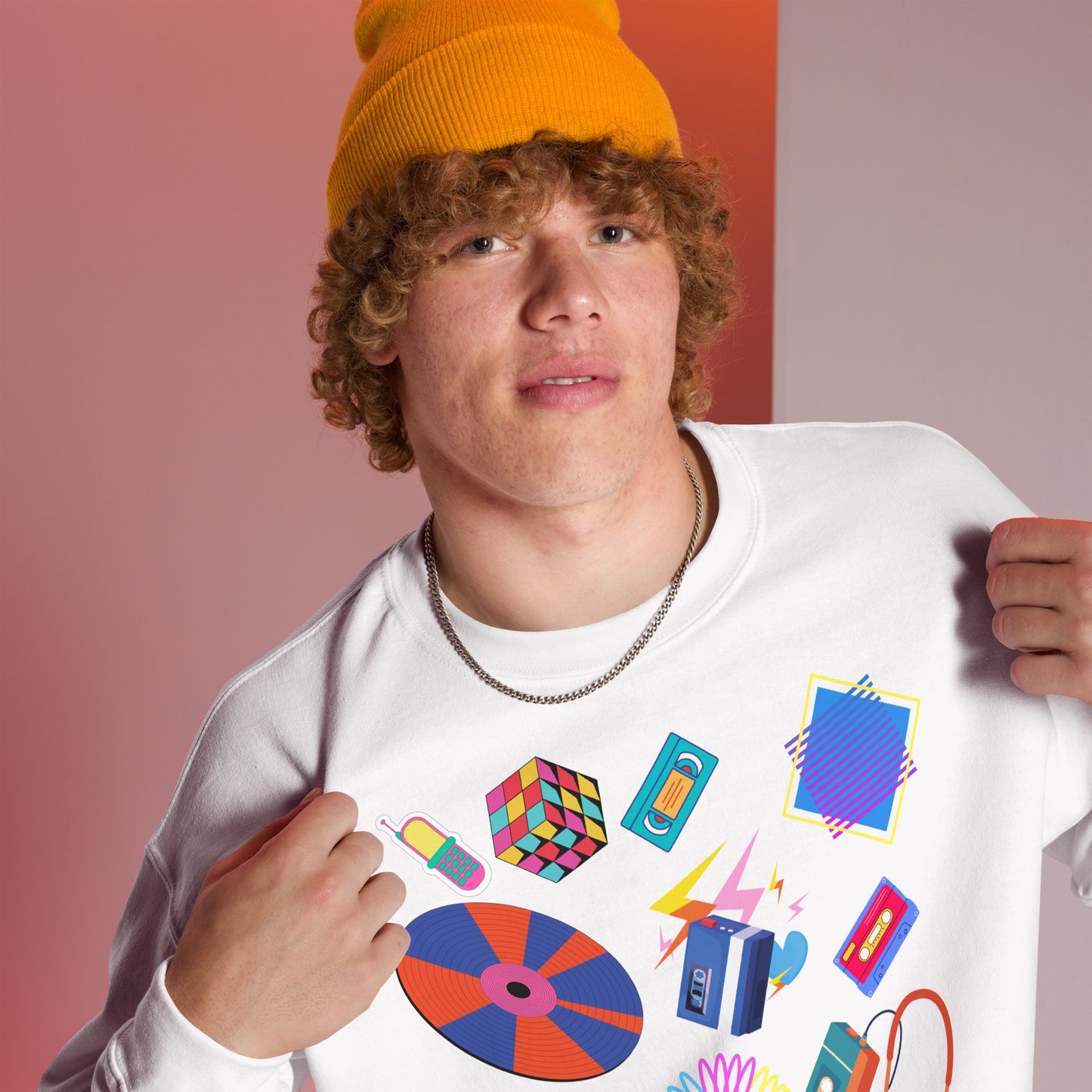 Unisex retro 80s pop culture crewneck sweatshirt with colorful graphic icons – Hipyfi Clothes & Design. white-right-front