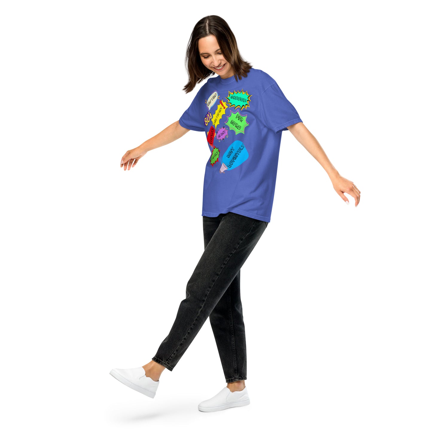 Hipyfi Retro 80s Pop Art Unisex Heavyweight T-Shirt - Vintage Graphic Design, 100% Cotton, Garment-Dyed, Comfortable Fit. flo-blue-front-2
