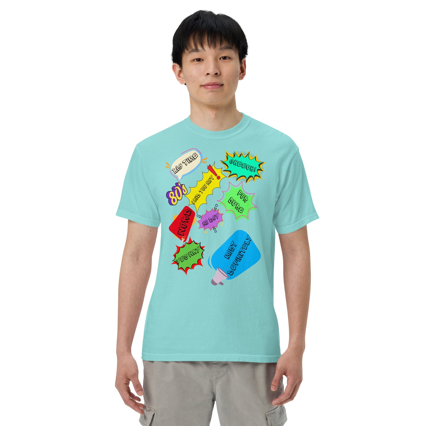 Hipyfi Retro 80s Pop Art Unisex Heavyweight T-Shirt - Vintage Graphic Design, 100% Cotton, Garment-Dyed, Comfortable Fit. lagoon-blue-front