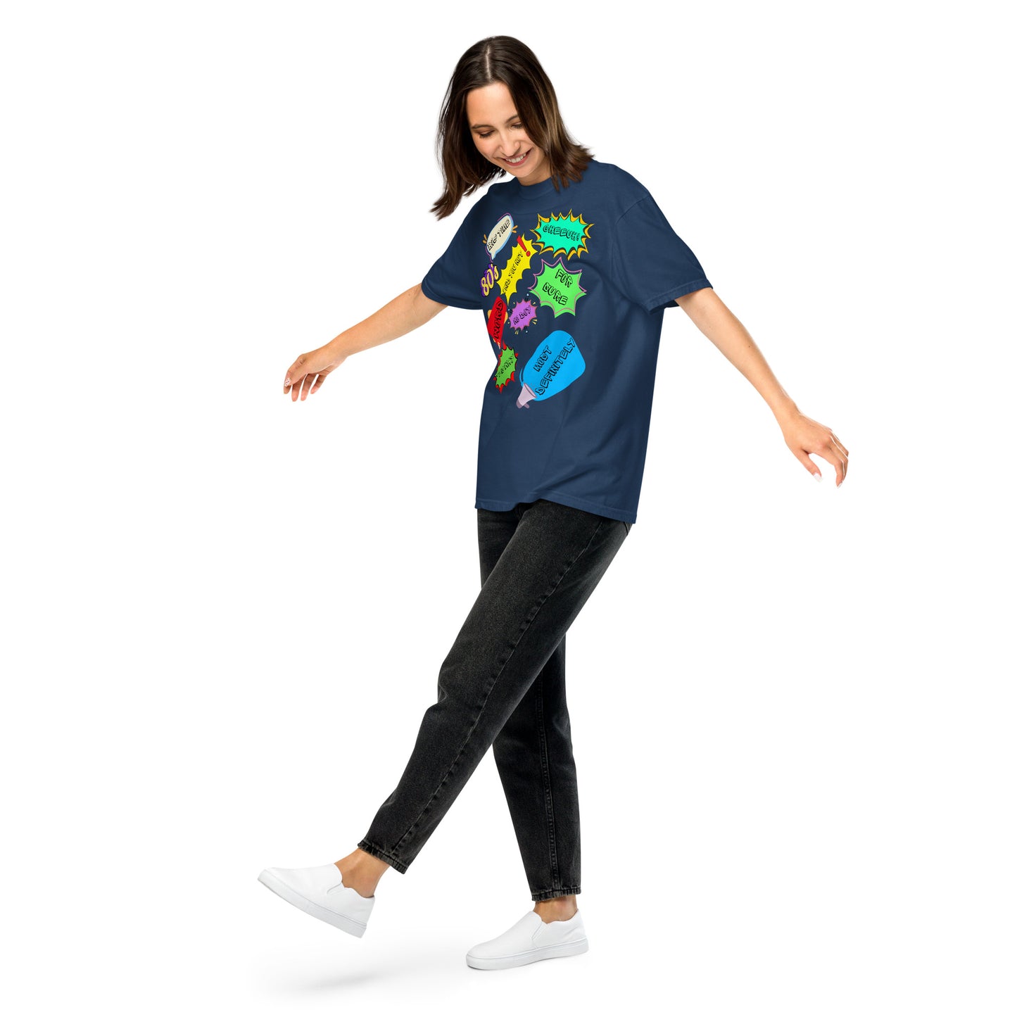 Hipyfi Retro 80s Pop Art Unisex Heavyweight T-Shirt - Vintage Graphic Design, 100% Cotton, Garment-Dyed, Comfortable Fit. true-navy-front-2