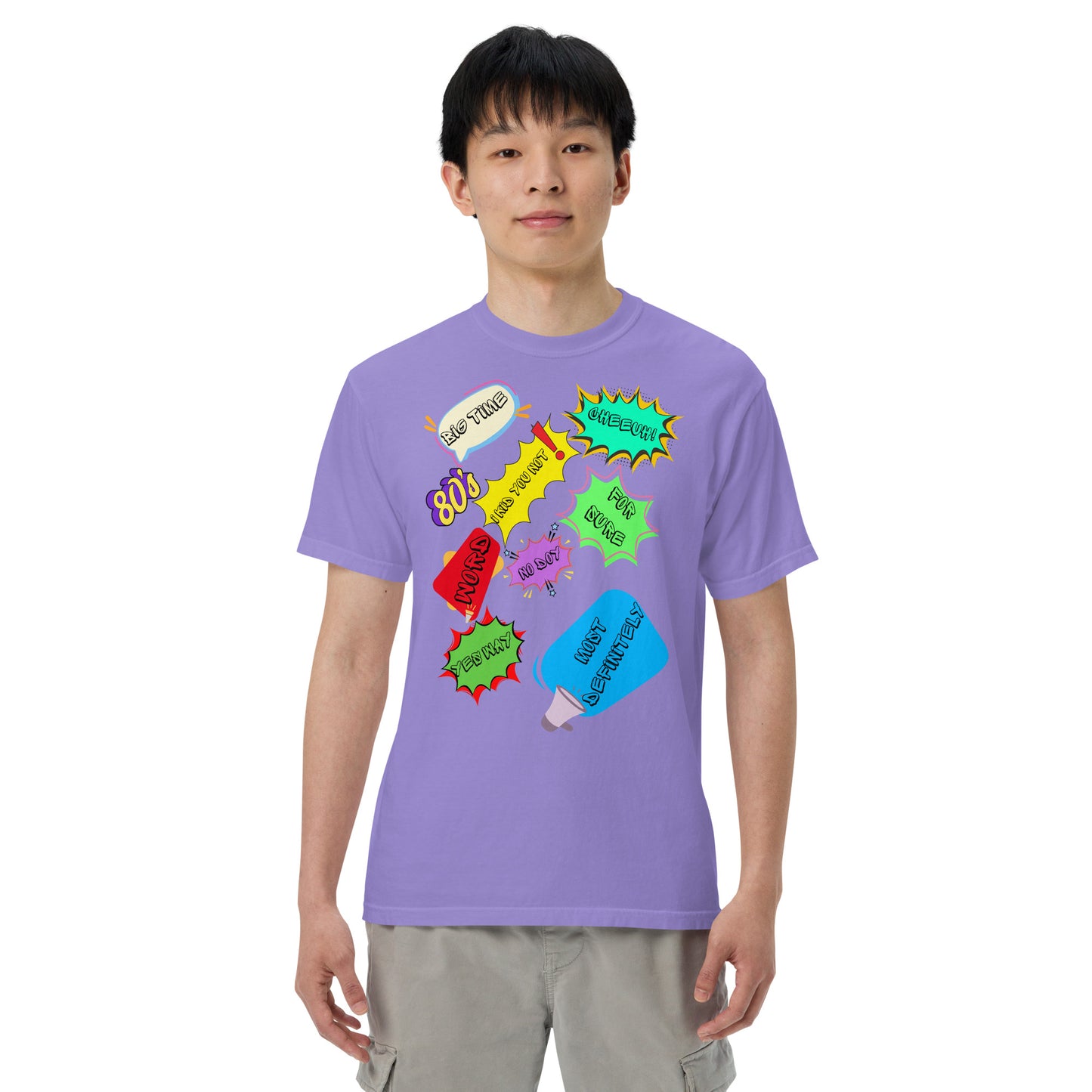 Hipyfi Retro 80s Pop Art Unisex Heavyweight T-Shirt - Vintage Graphic Design, 100% Cotton, Garment-Dyed, Comfortable Fit. violet-front