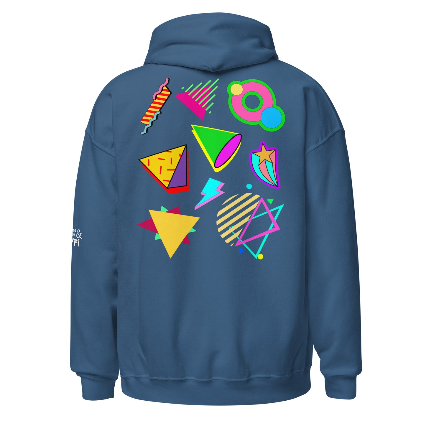 Unisex Neon Retro Pop Hoodie with 80s Memphis Graphic Design by Hipyfi. indigo-blue-back