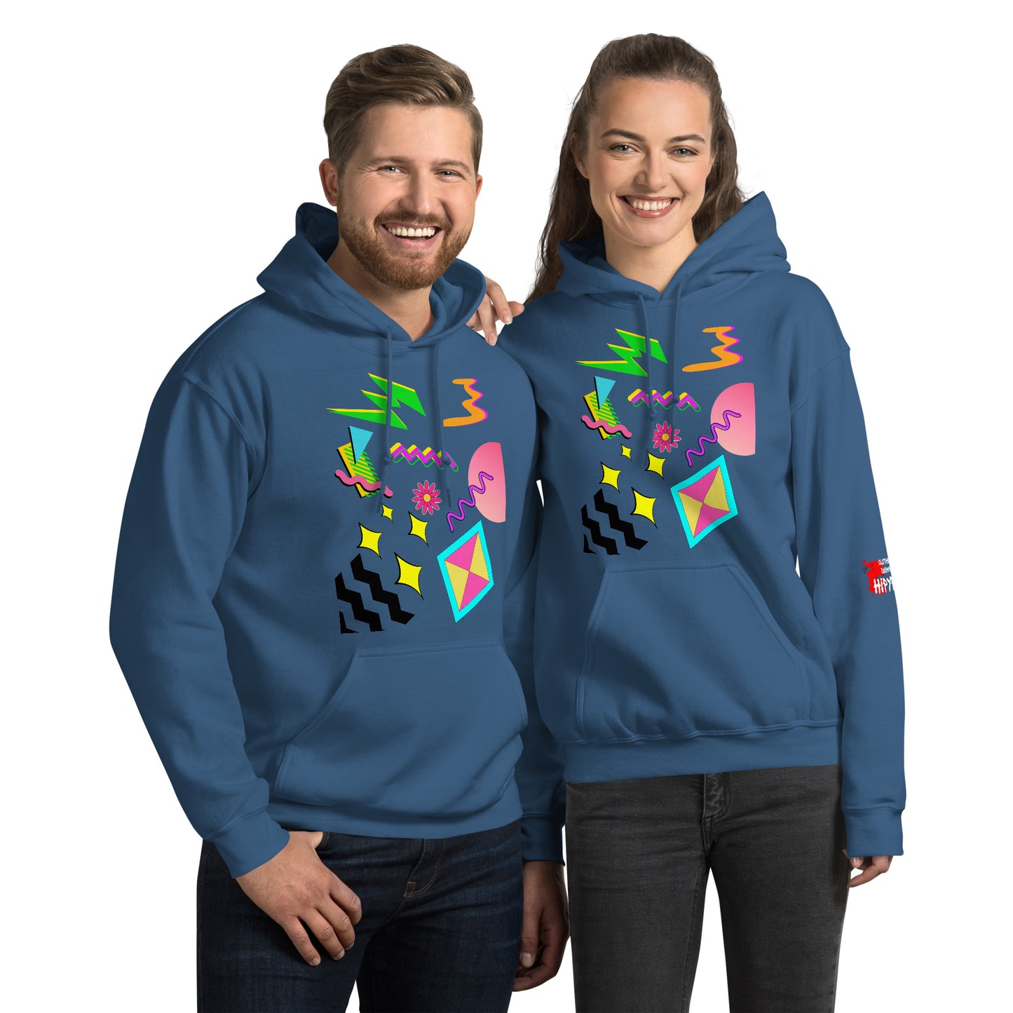 Unisex Neon Retro Pop Hoodie with 80s Memphis Graphic Design by Hipyfi. indigo-blue-front