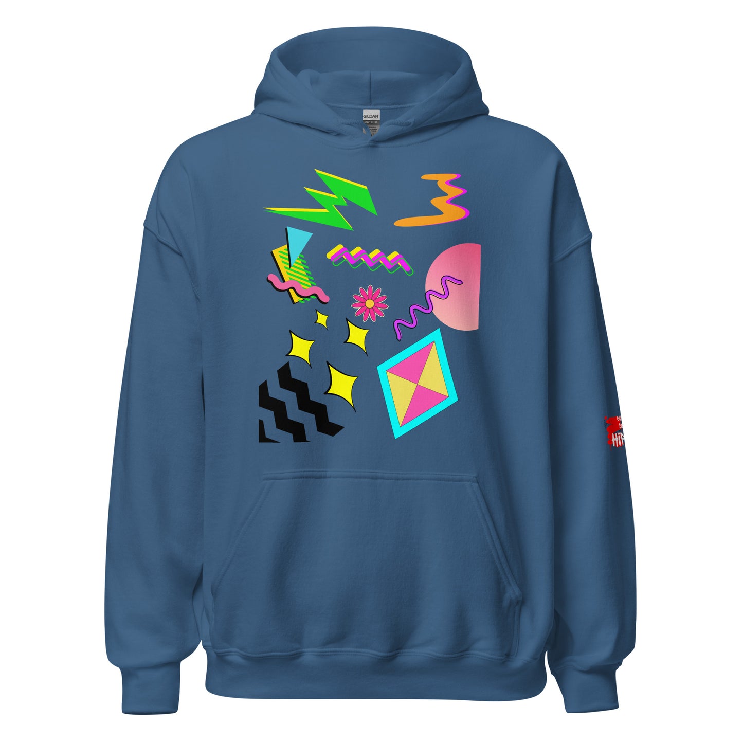 Unisex Neon Retro Pop Hoodie with 80s Memphis Graphic Design by Hipyfi. indigo-blue-front-2