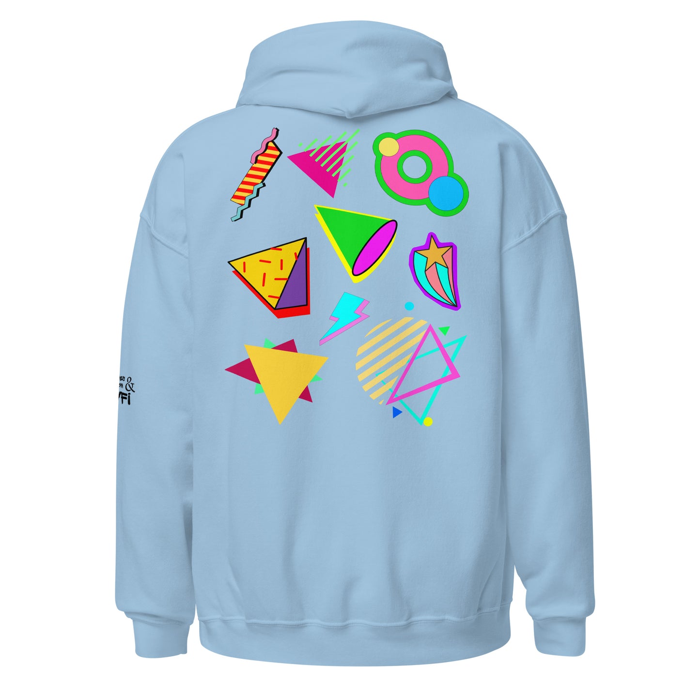 Unisex Neon Retro Pop Hoodie with 80s Memphis Graphic Design by Hipyfi. light-blue-back