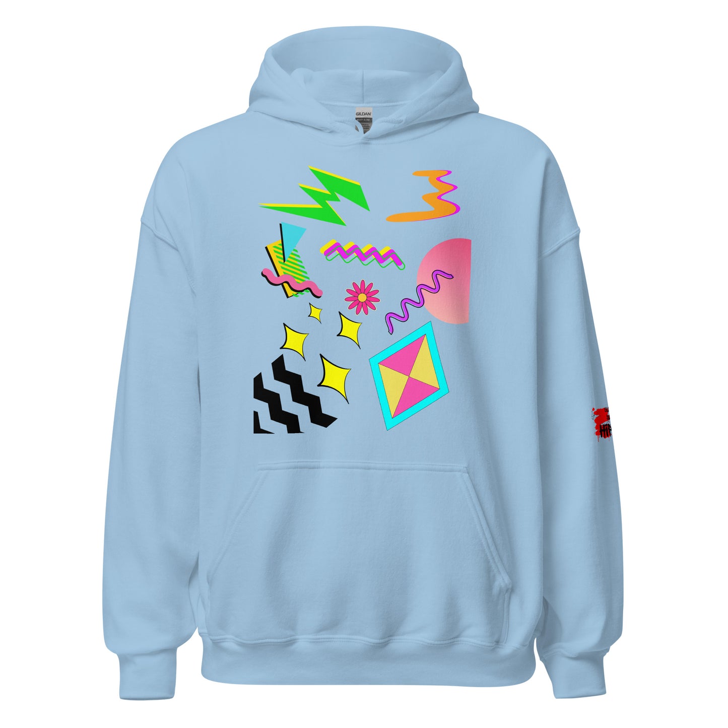 Unisex Neon Retro Pop Hoodie with 80s Memphis Graphic Design by Hipyfi. light-blue-front-2