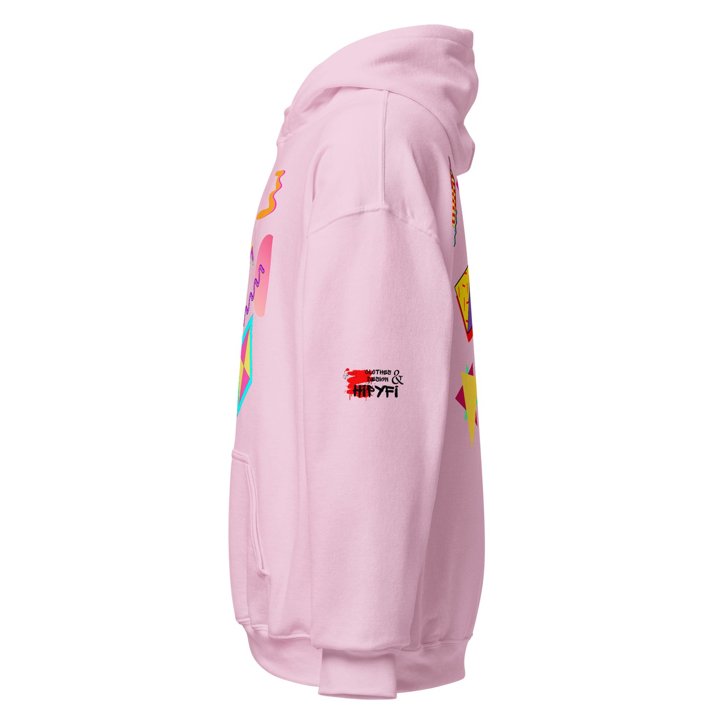 Unisex Neon Retro Pop Hoodie with 80s Memphis Graphic Design by Hipyfi. light-pink-left