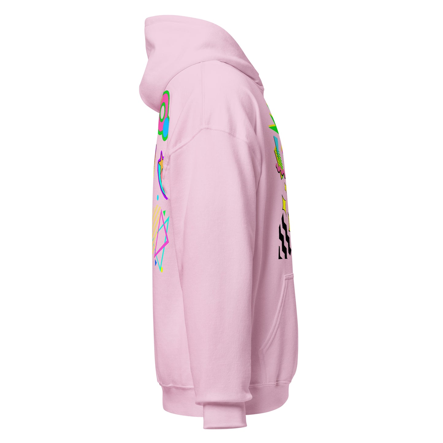 Unisex Neon Retro Pop Hoodie with 80s Memphis Graphic Design by Hipyfi. light-pink-right