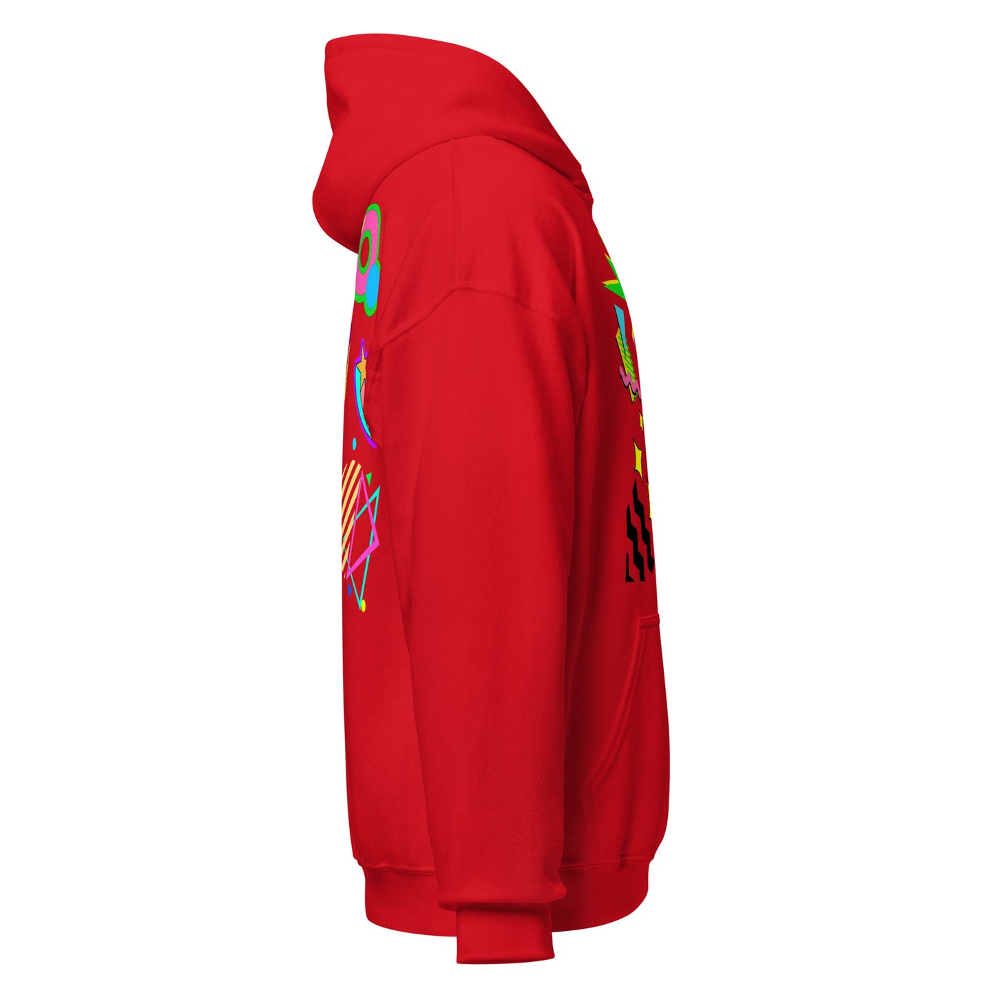 Unisex Neon Retro Pop Hoodie with 80s Memphis Graphic Design by Hipyfi. red-right