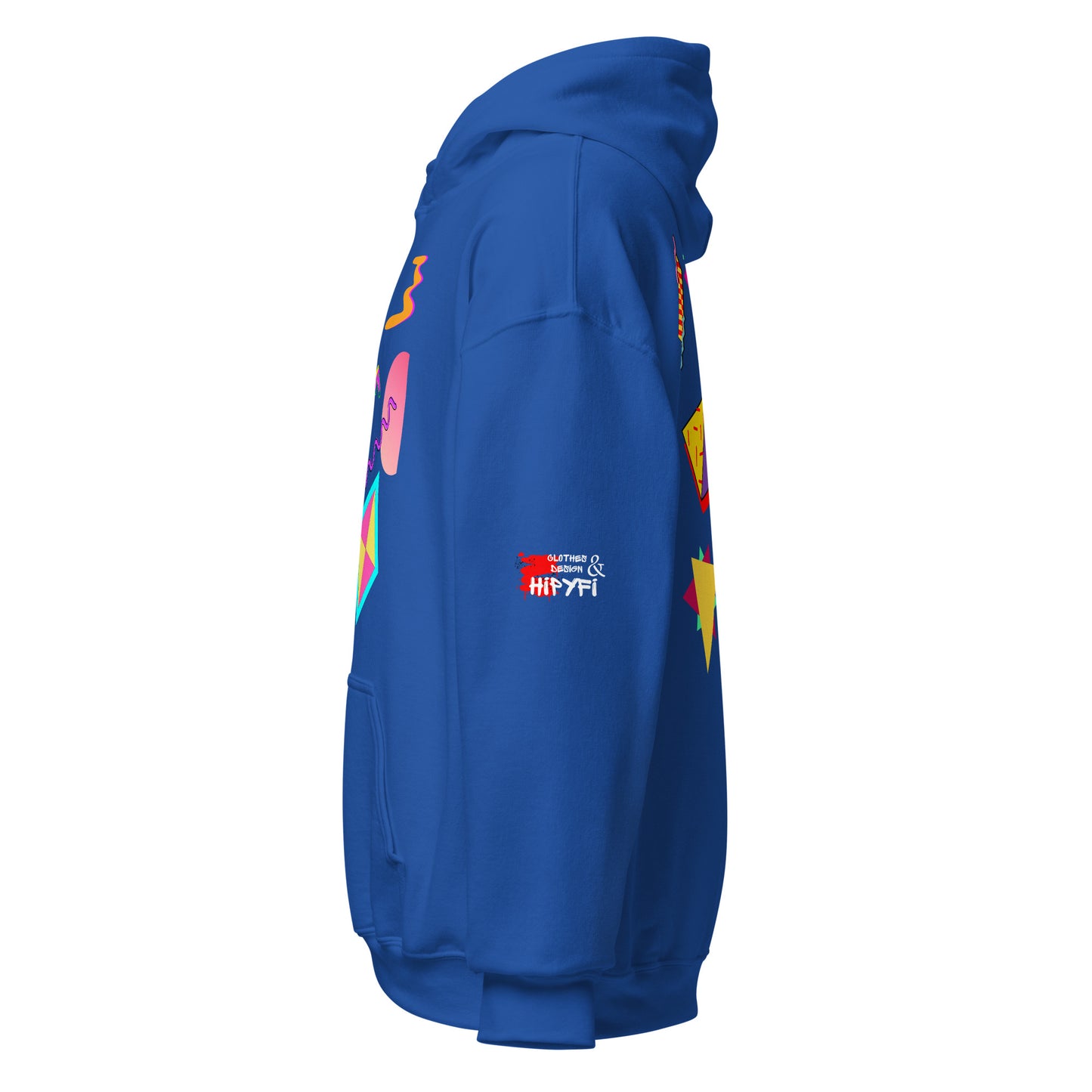 Unisex Neon Retro Pop Hoodie with 80s Memphis Graphic Design by Hipyfi. royal-left