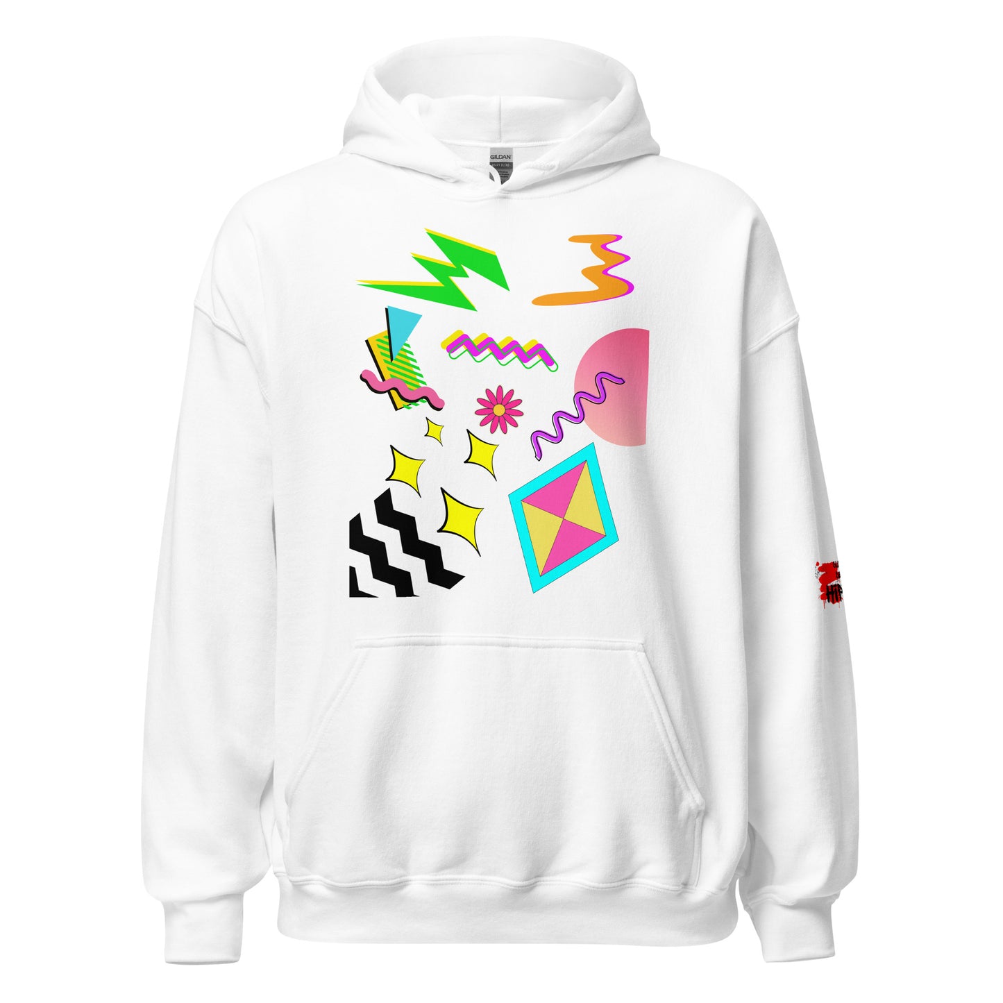 Unisex Neon Retro Pop Hoodie with 80s Memphis Graphic Design by Hipyfi. white-front