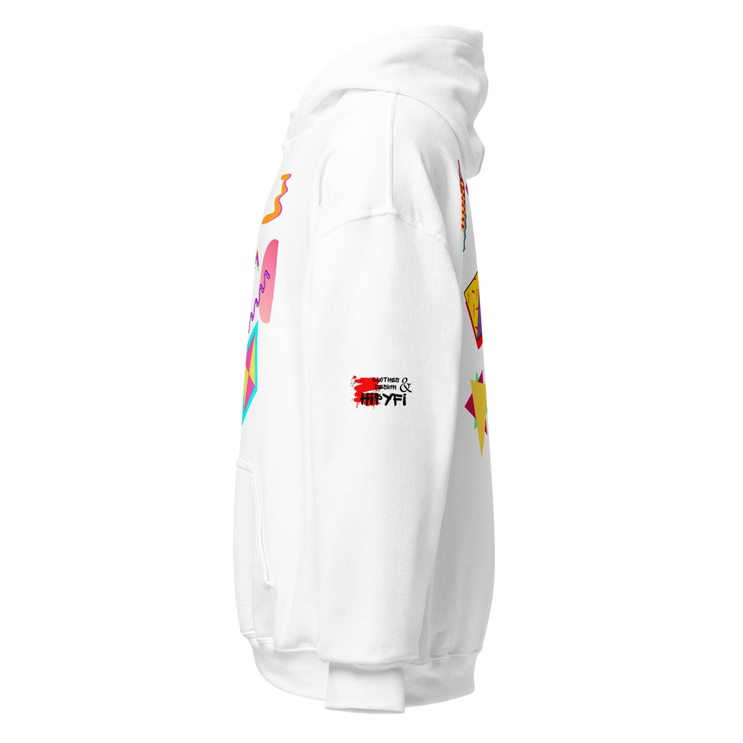 Unisex Neon Retro Pop Hoodie with 80s Memphis Graphic Design by Hipyfi. white-left