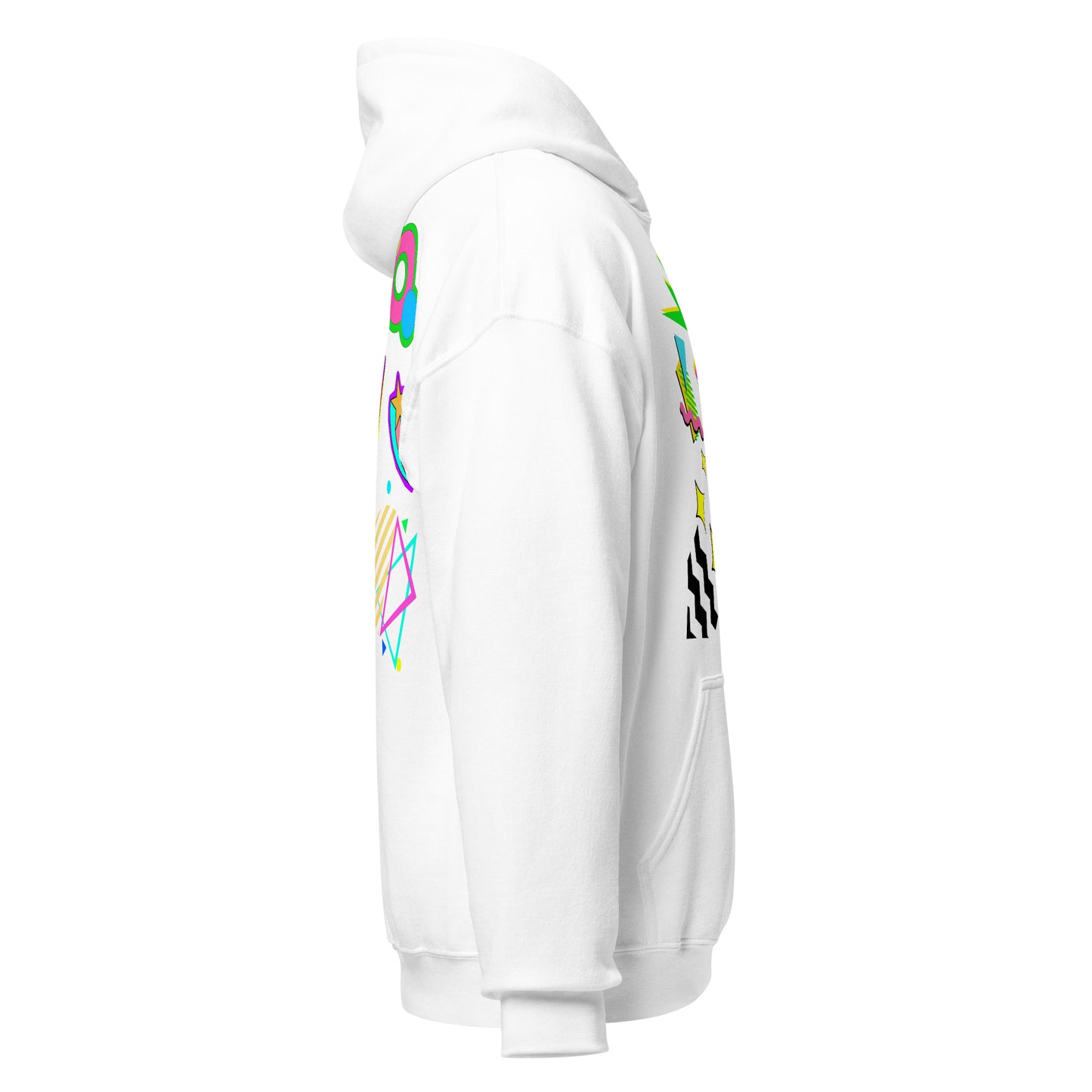 Unisex Neon Retro Pop Hoodie with 80s Memphis Graphic Design by Hipyfi. white-right