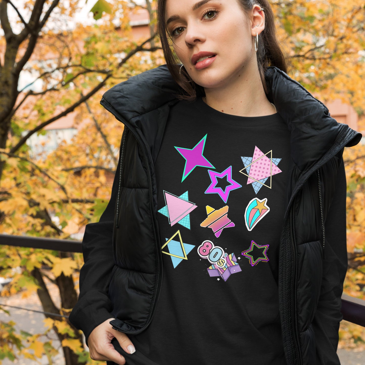Unisex 80s graphic long sleeve t-shirt with Memphis design – retro pop art style by Hipyfi Clothes & Design. black-heather-front-4