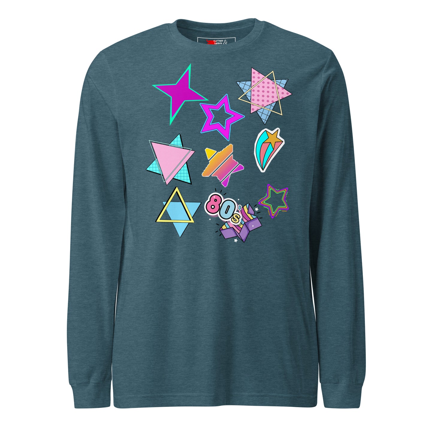 Unisex 80s graphic long sleeve t-shirt with Memphis design – retro pop art style by Hipyfi Clothes & Design. heather-deep-teal-front-5