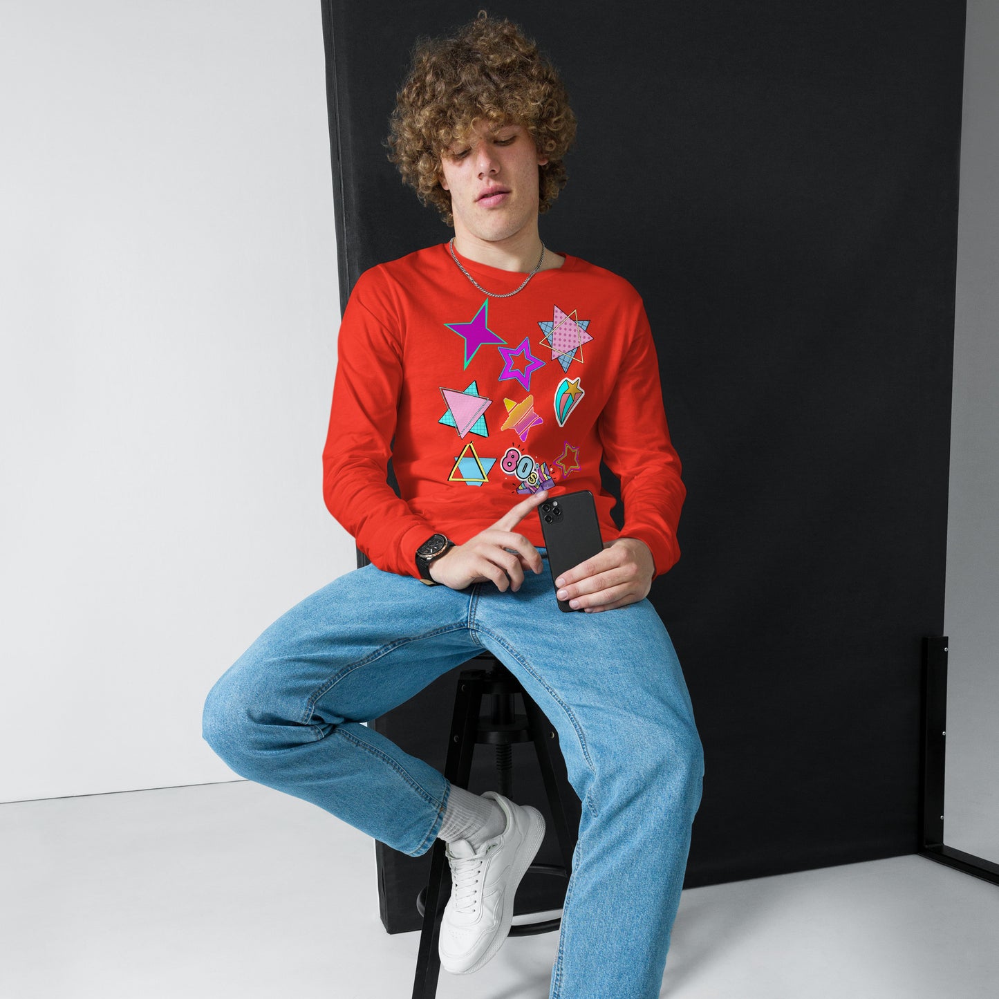 Unisex 80s graphic long sleeve t-shirt with Memphis design – retro pop art style by Hipyfi Clothes & Design. poppy-front