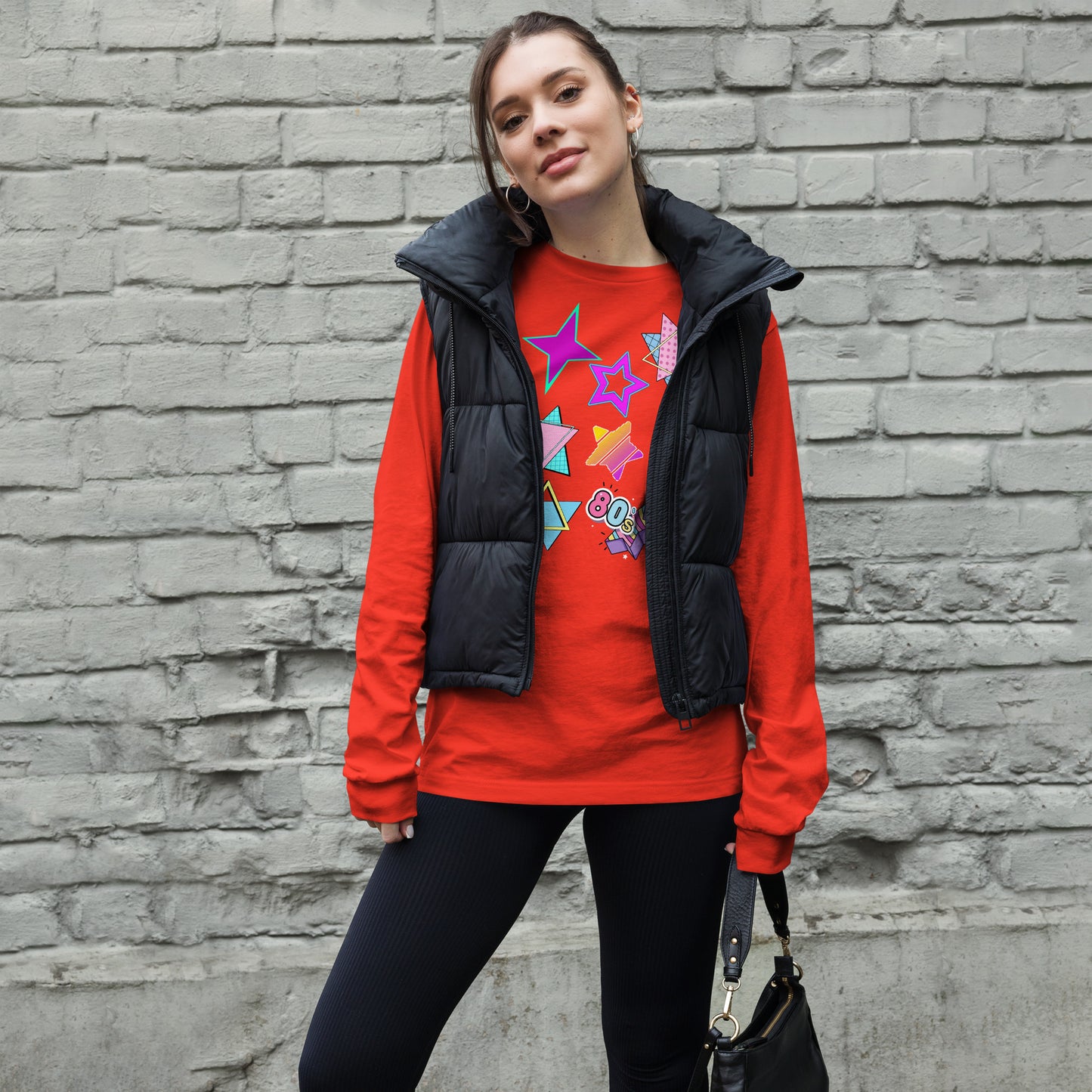 Unisex 80s graphic long sleeve t-shirt with Memphis design – retro pop art style by Hipyfi Clothes & Design. poppy-front-3